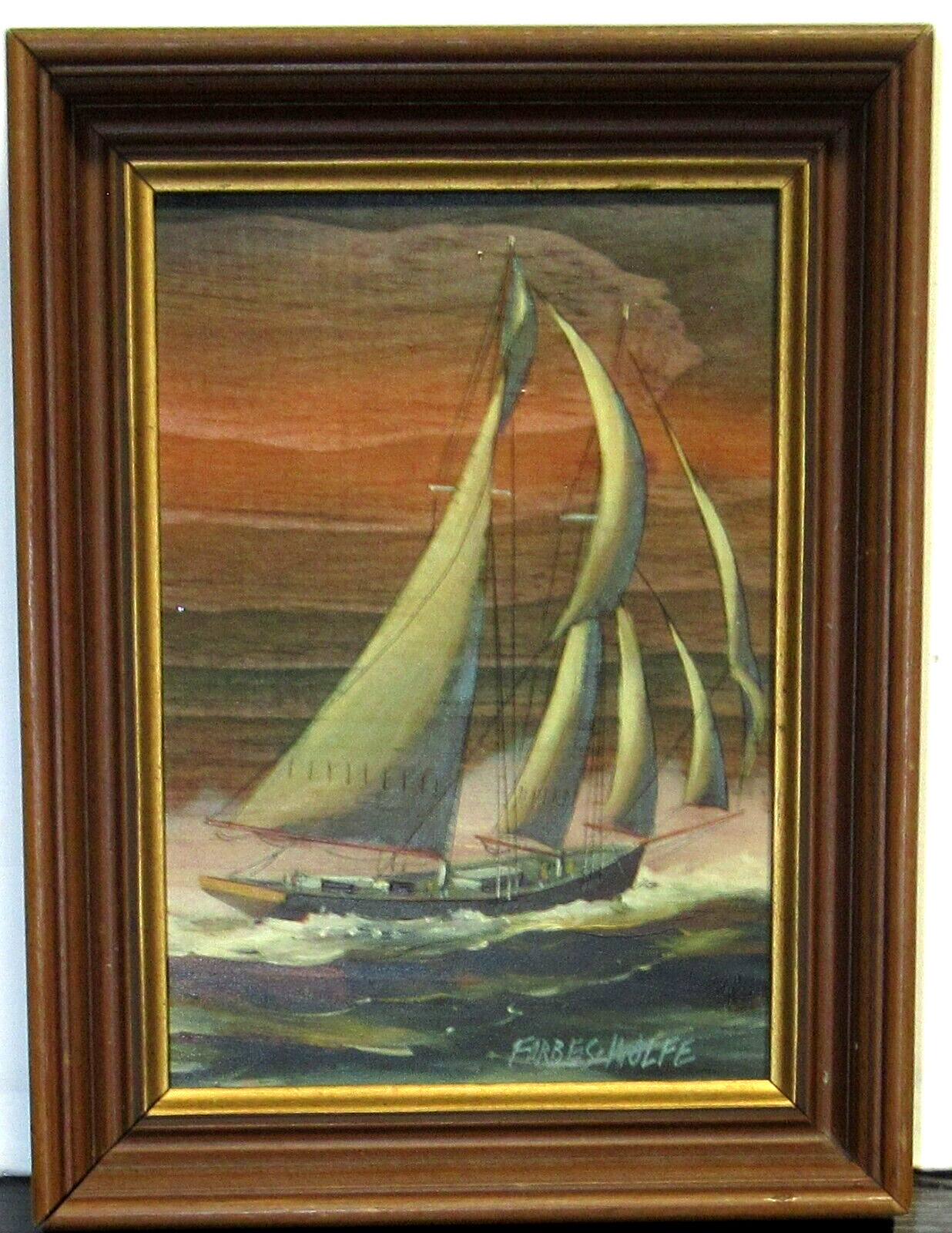LAWRENCE FORBES WOLFE SAIL BOAT IN THE WIND OIL ON WOOD PANEL PAINTING