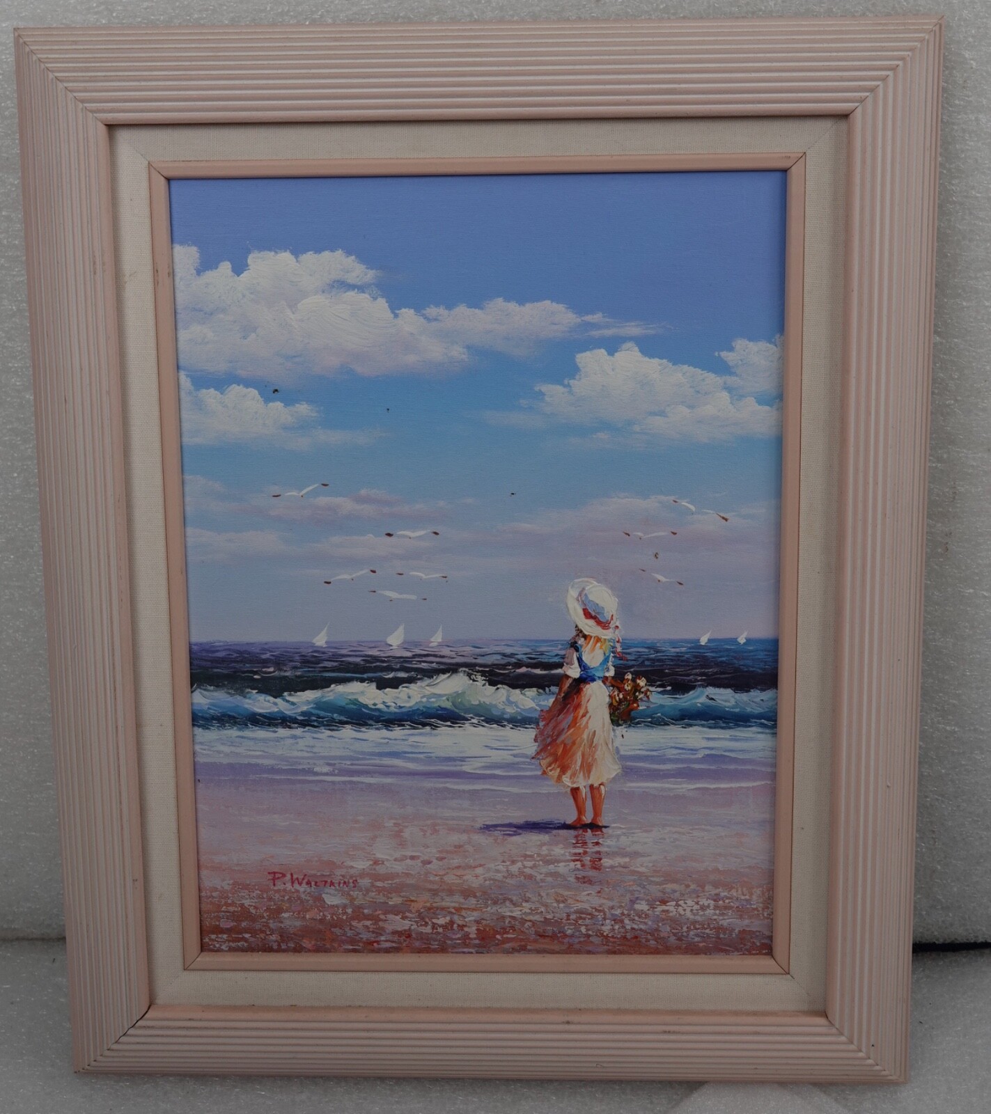 ARTIST P. WATKINS PAINTING SOFT FIGURES PASTEL BEACHES CLOUDS OCEAN BREEZE’S
