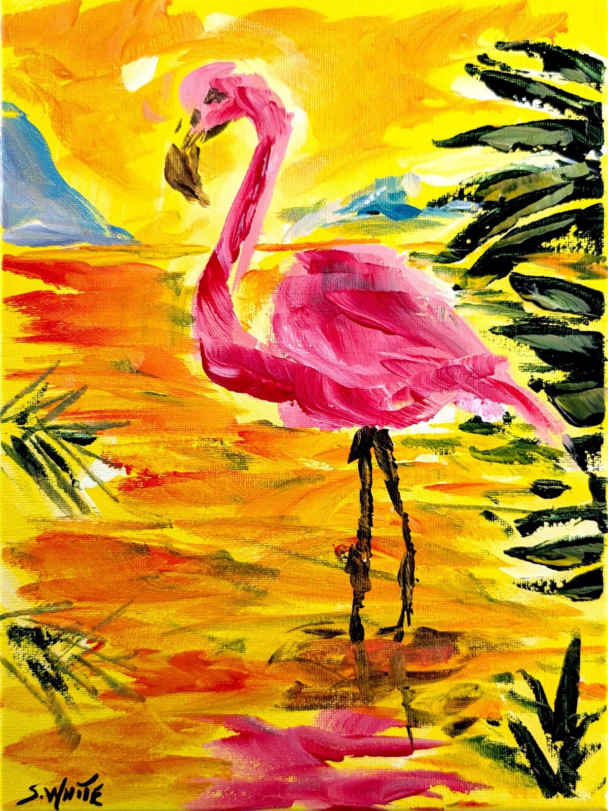 Flamingo 9×12 Original Painting Abstract Modern Art Canvas Wildlife Pink SWhite