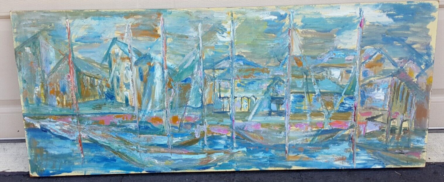 Vintage 60s MCM original painting Robert Choruby 47×19 abstract blue houses 1961