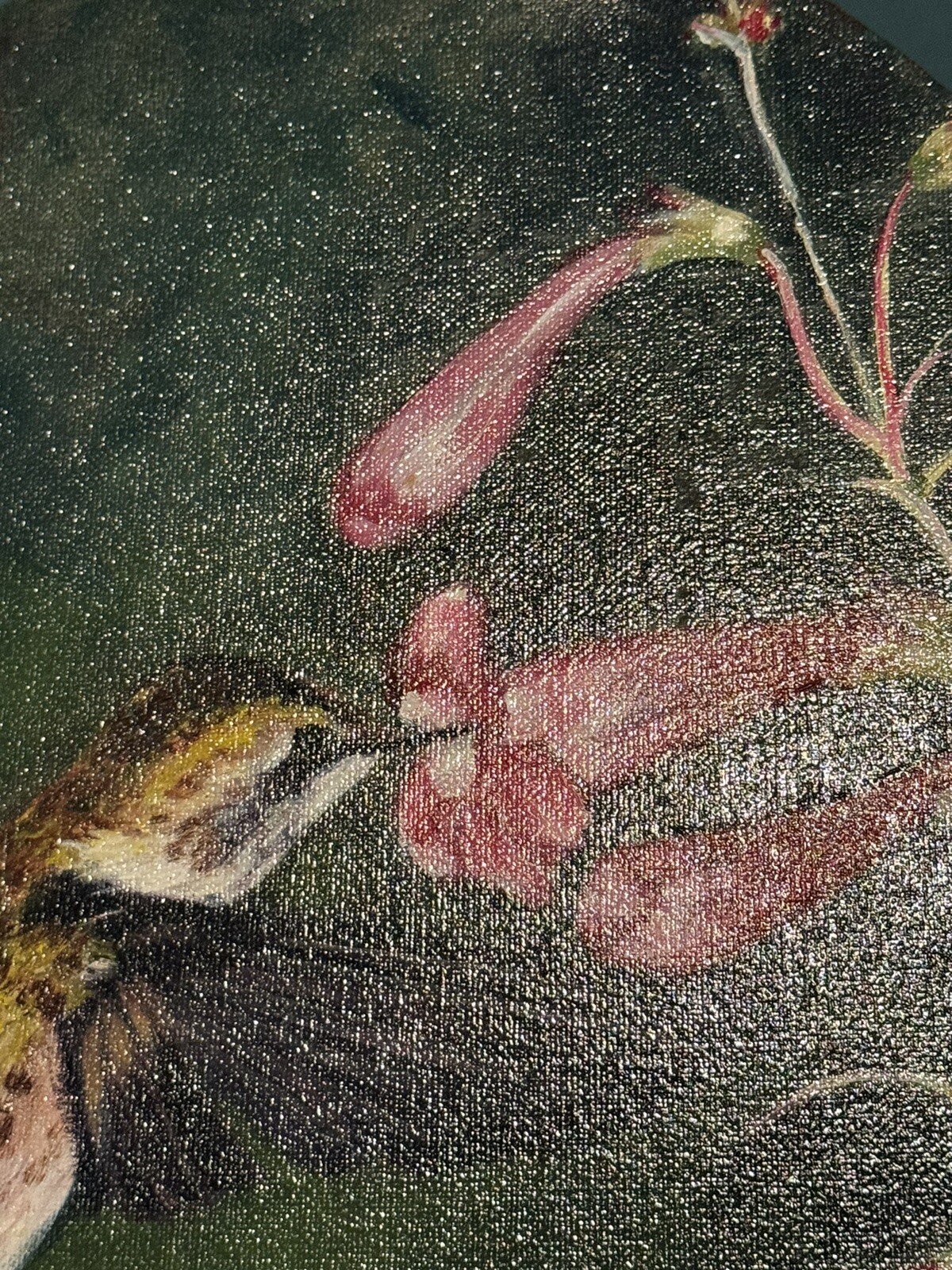 Oval Hummingbird Hovering Over Pink Flowers Painting, Signed, 11”x14”