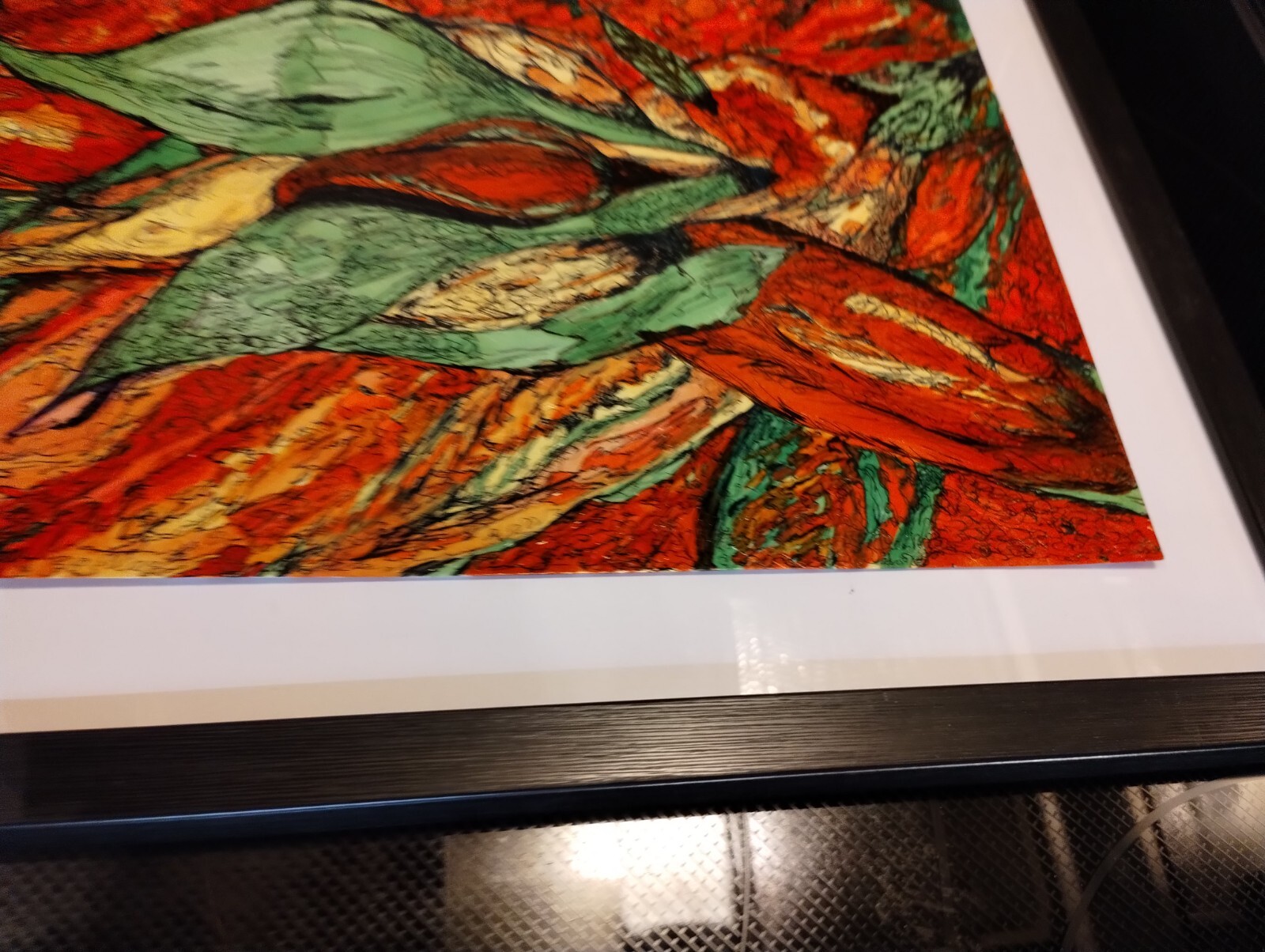 Framed Original Signed Acrylic Modern Painting Heavy Paper Bold Floral Red Green