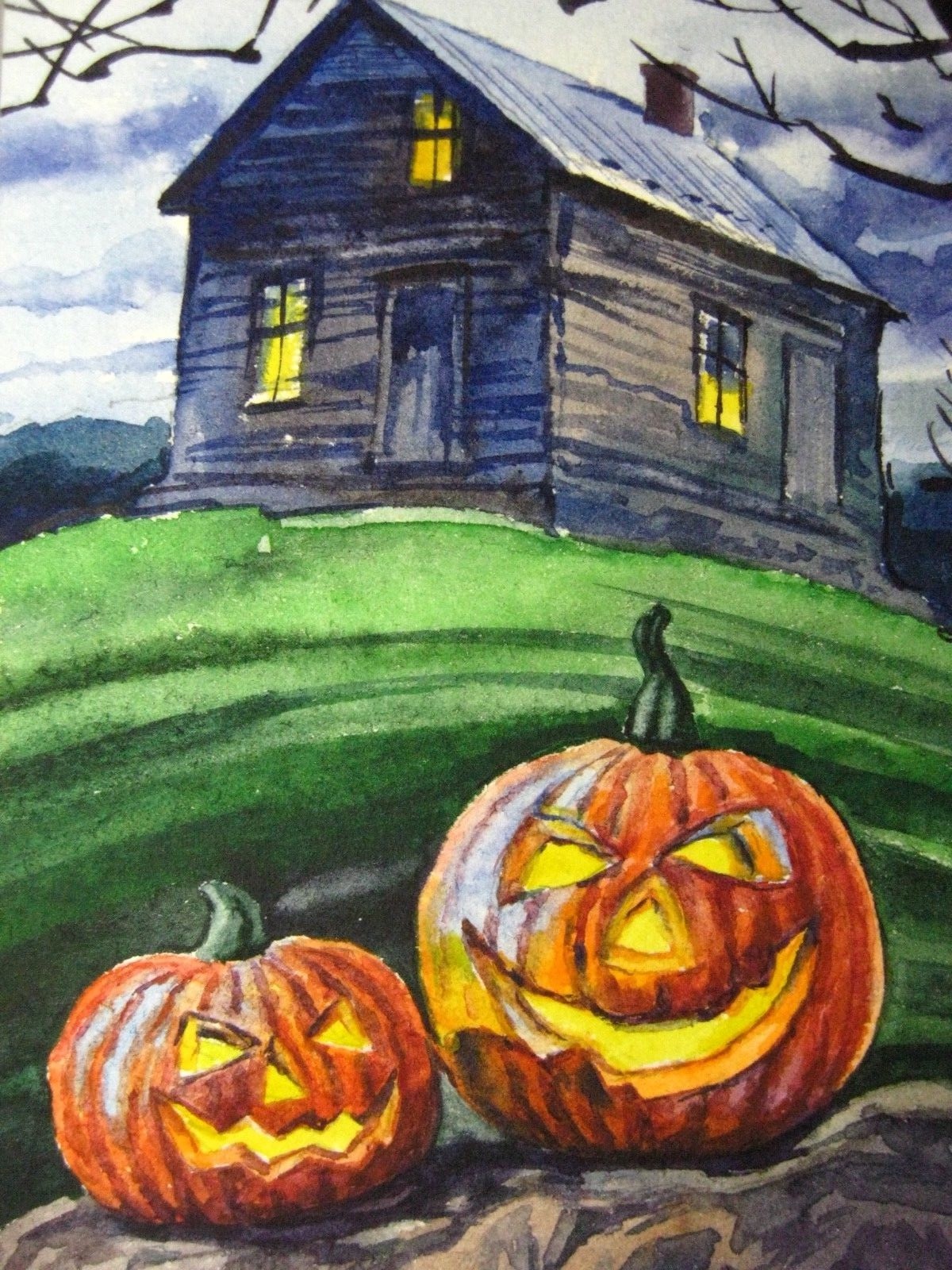Painting Halloween Pumpkin Jack O Lantern Candle Light Fall Tree House ACEO Art