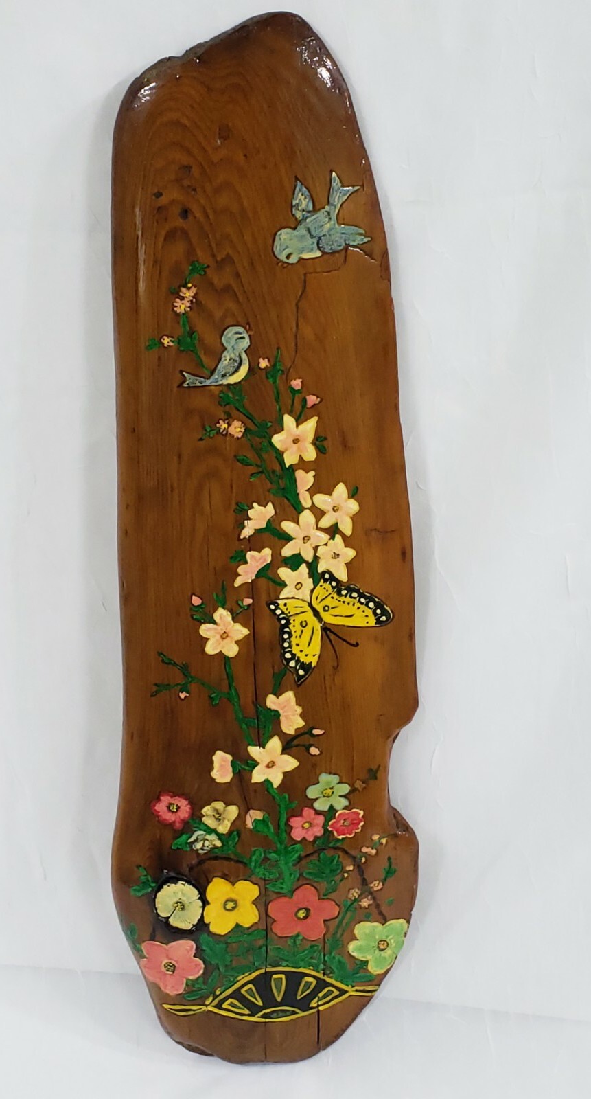 Vtg Driftwood Art Birds Butterfly Flower Basket Nature Boho Decor Hand Painted