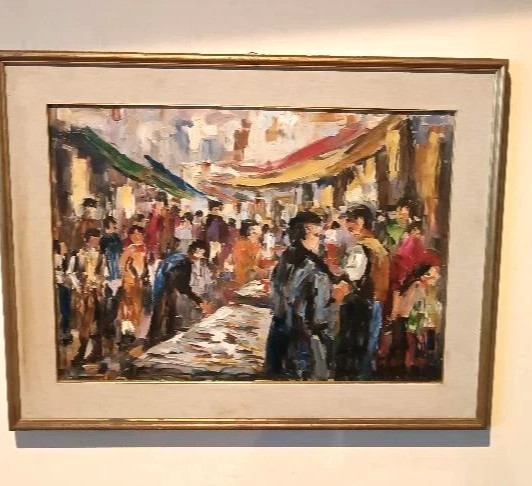 Oil painting on canvas «fish market» 70s canvas 70×50 cm signed