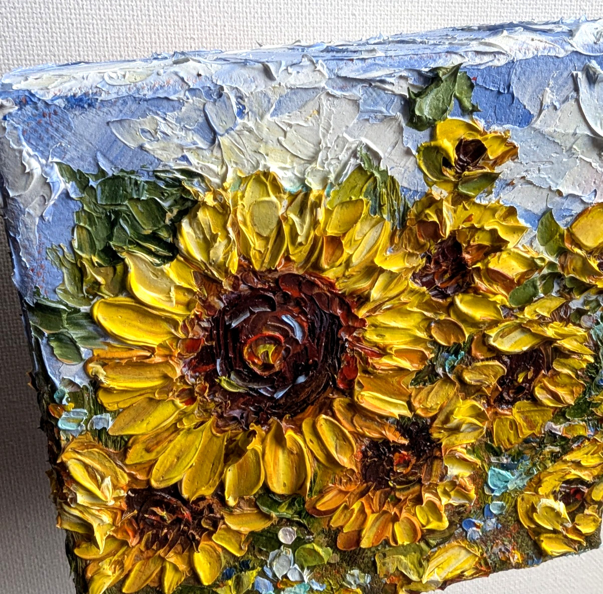 ORIGINAL OIL impasto Painting «Sunflowers» 4″X4″ X 1.5″ by Olga Diduh.