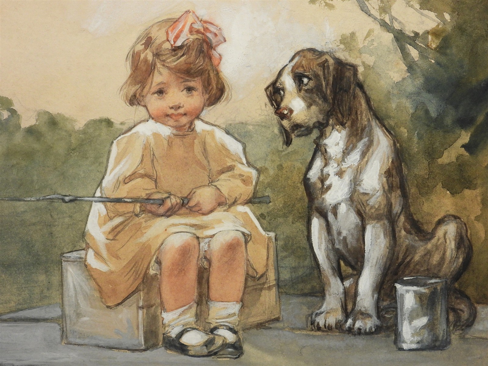 BEST! William A. McCullough New Jersey Artist Little Girl & Dog Fishing Painting
