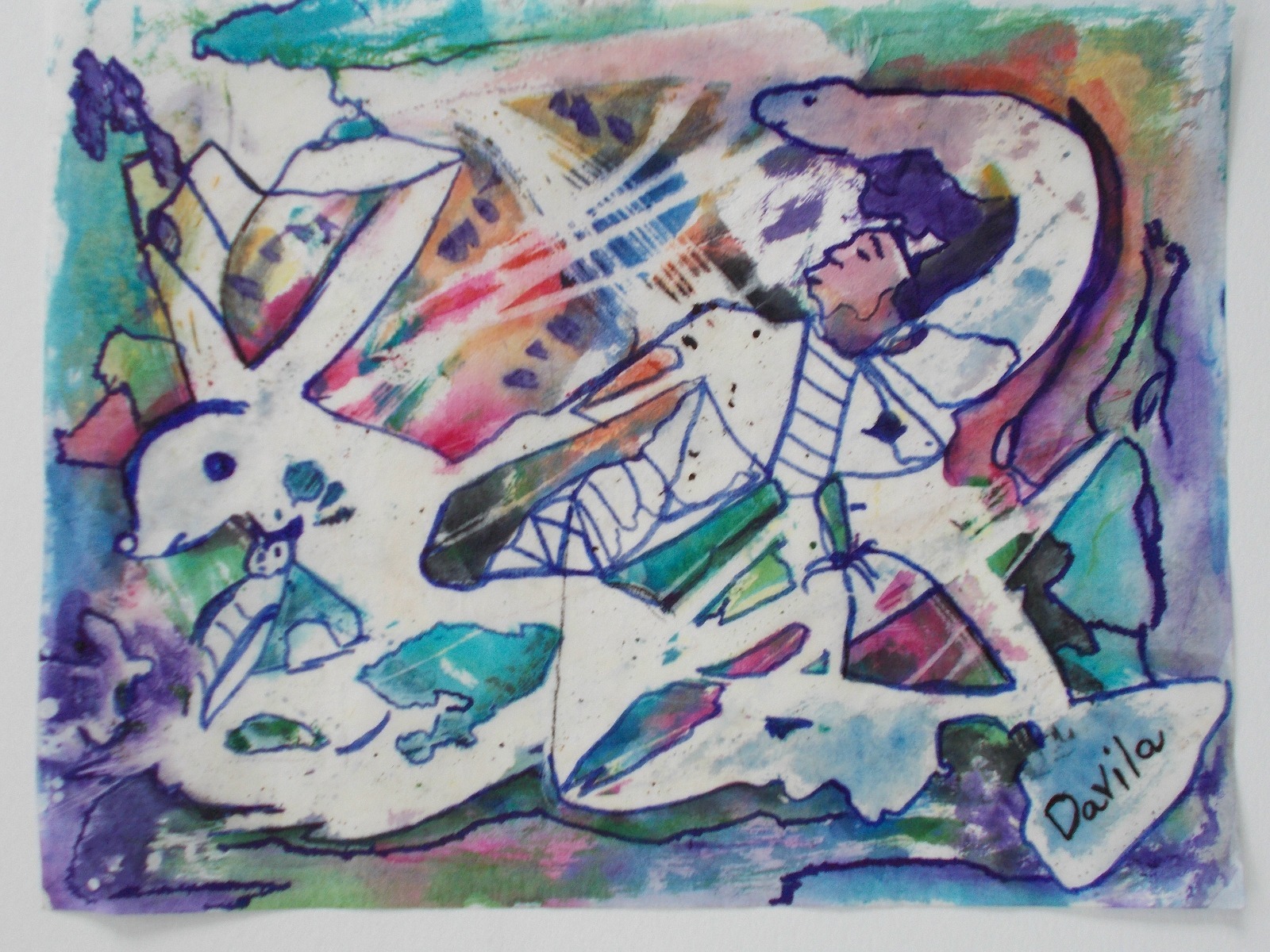 Original collectible «Man & Beast» abstract painting, watercolor & pen 9.5″x12″