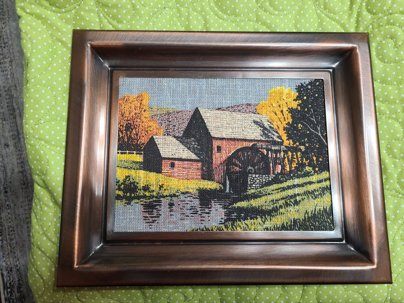 Old water mill in the fall and Fall scene of Country Church painted burlap