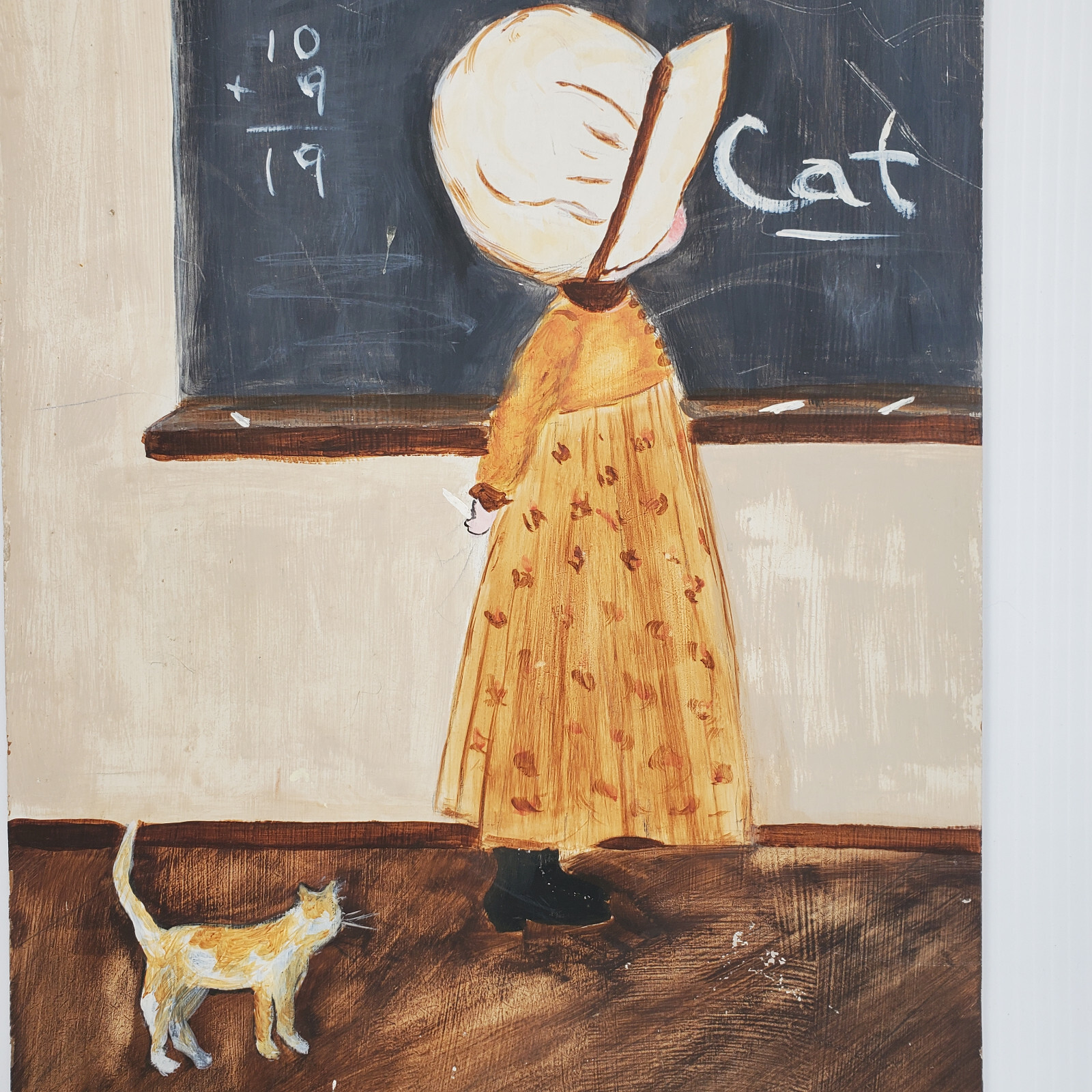 Primitive School House Girl Spelling Cat Chalkboard Math 18×12 Acrylic? Painting