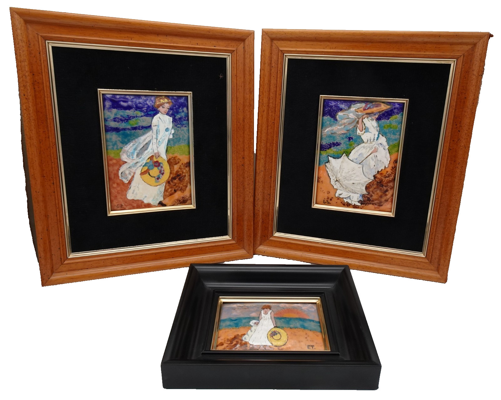 SET OF THREE ART PAINTINGS ON COPPER BRASS STYLE LIMOGES ROMANTIC SIGNED VINTAGE