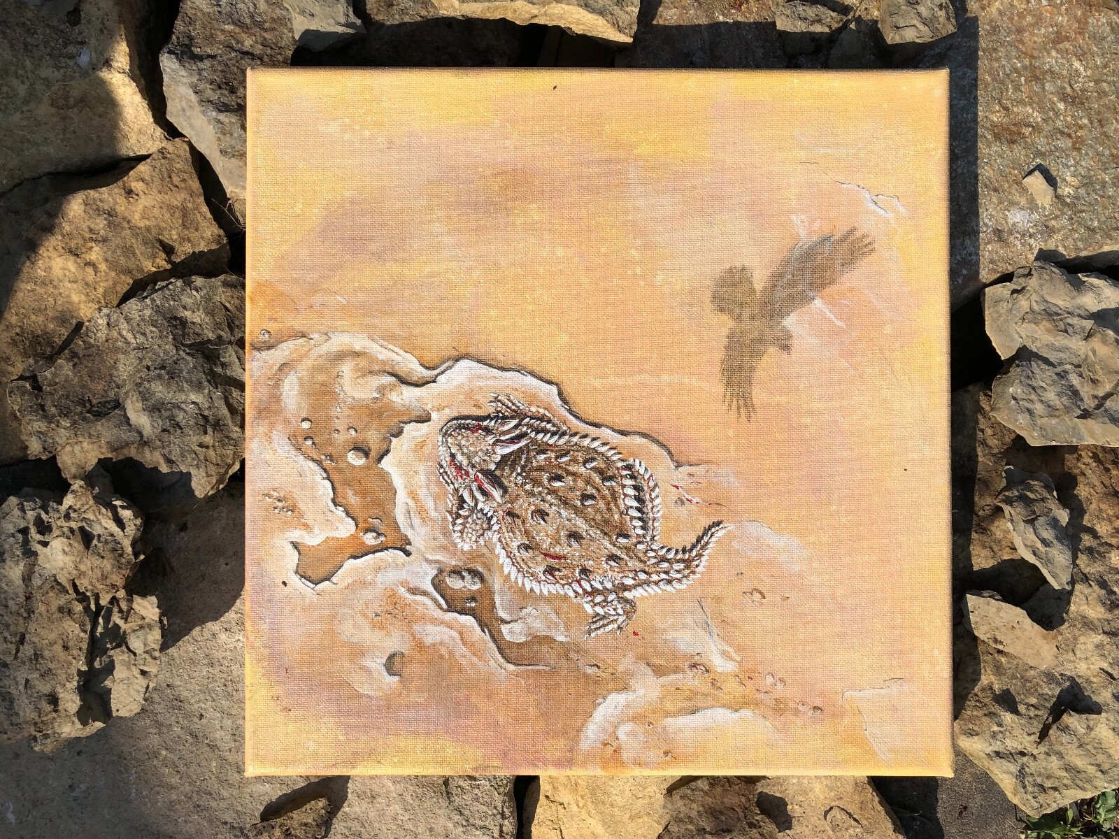 Original acrylic painting, Horned Lizard in desert, 12″x12″ canvas.