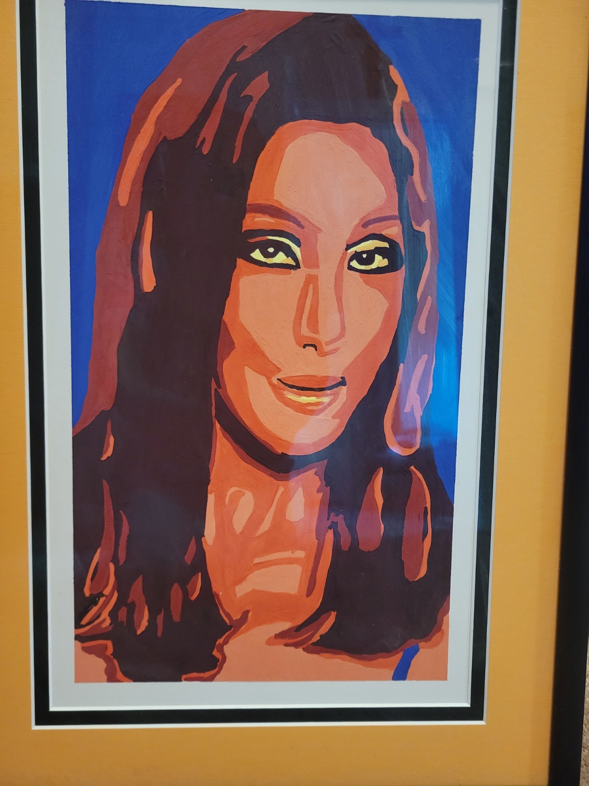«Cher, a Headshot» Painting On A Black Metal Frame, Matted With No-Glare Glass