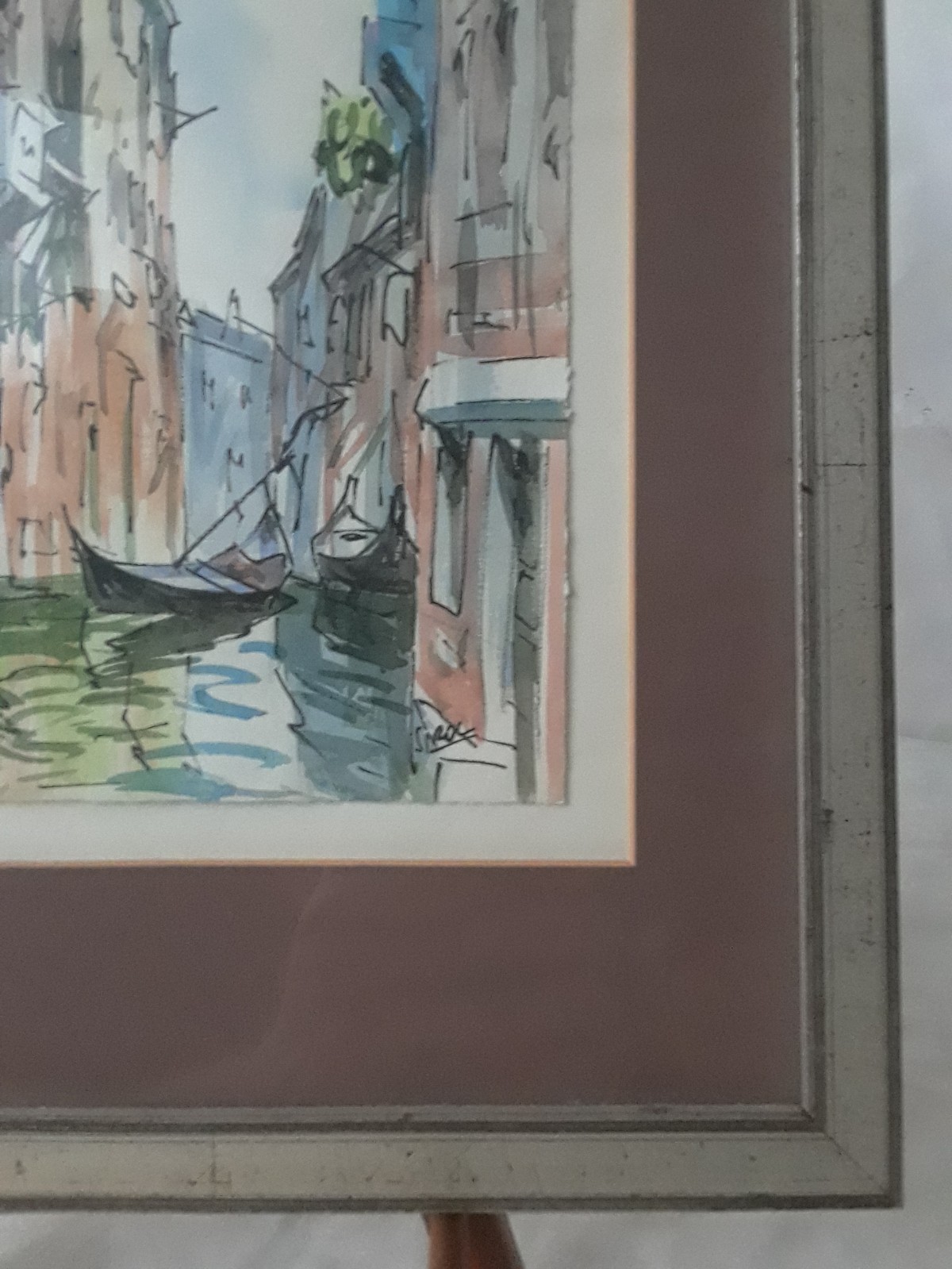 Watercolor & Ink on Paper, Venice Canal Signed Silver Framed with Brown Matting