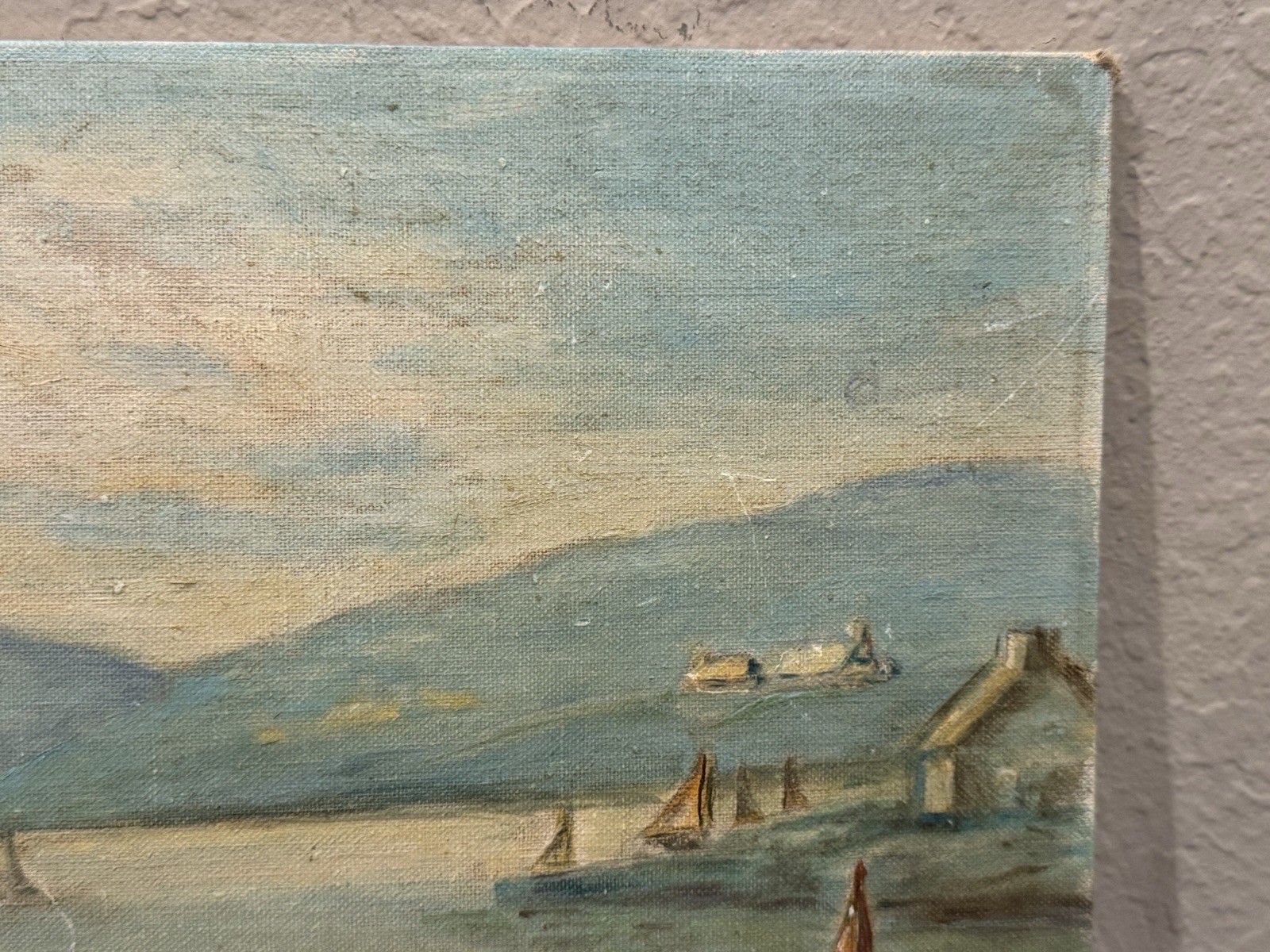Vintage Midcentury Scandinavian Fjord Scene Oil Painting signed «Crews»
