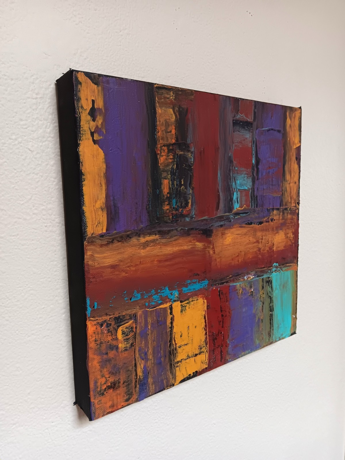 Small abstract acrylic original black turquoise blue purple red ochre «Abiquiu»