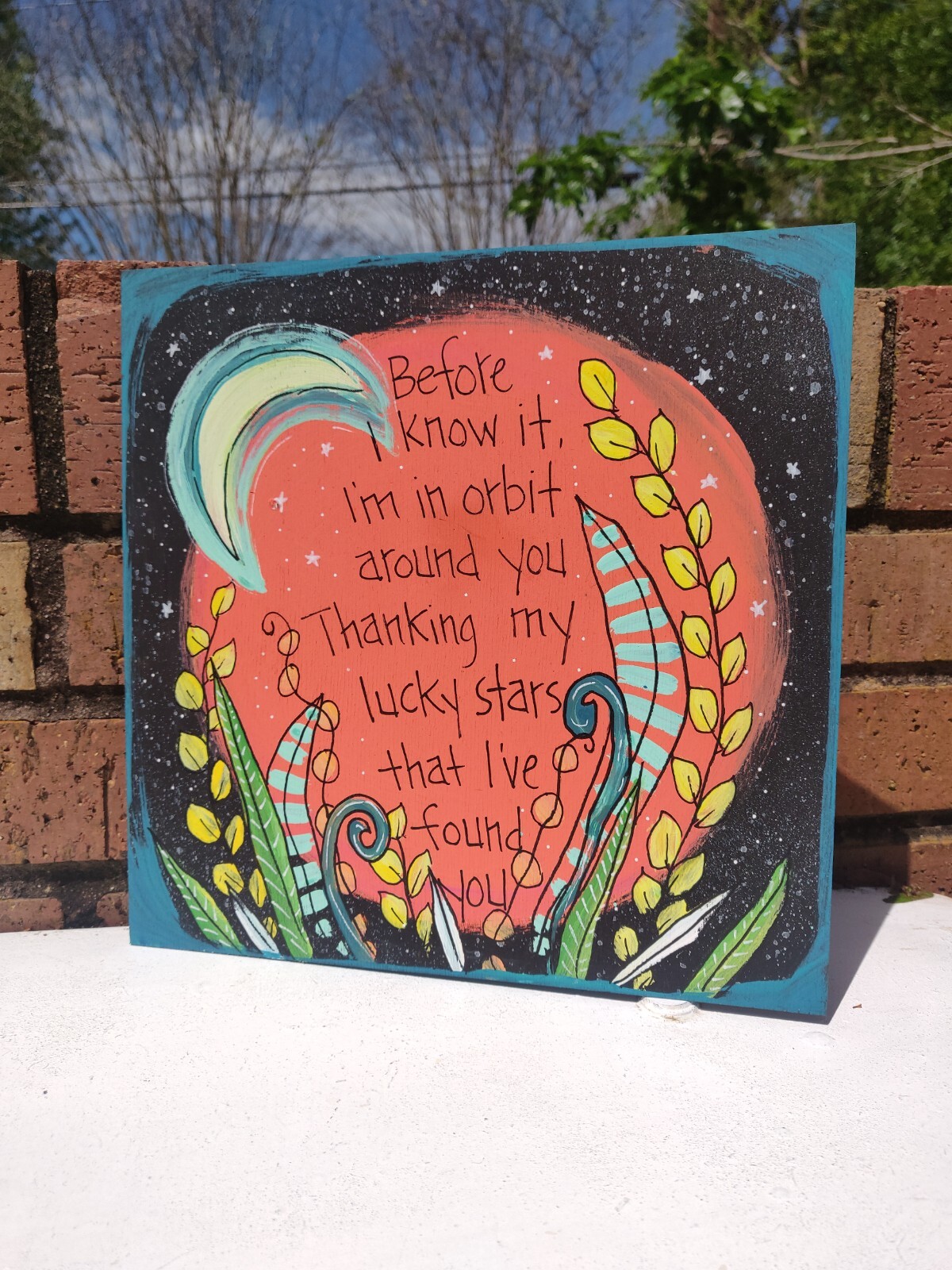 Tom Waits Lyric Painting on 10 x 10″ wood panel, Little Trip To Heaven Song Art