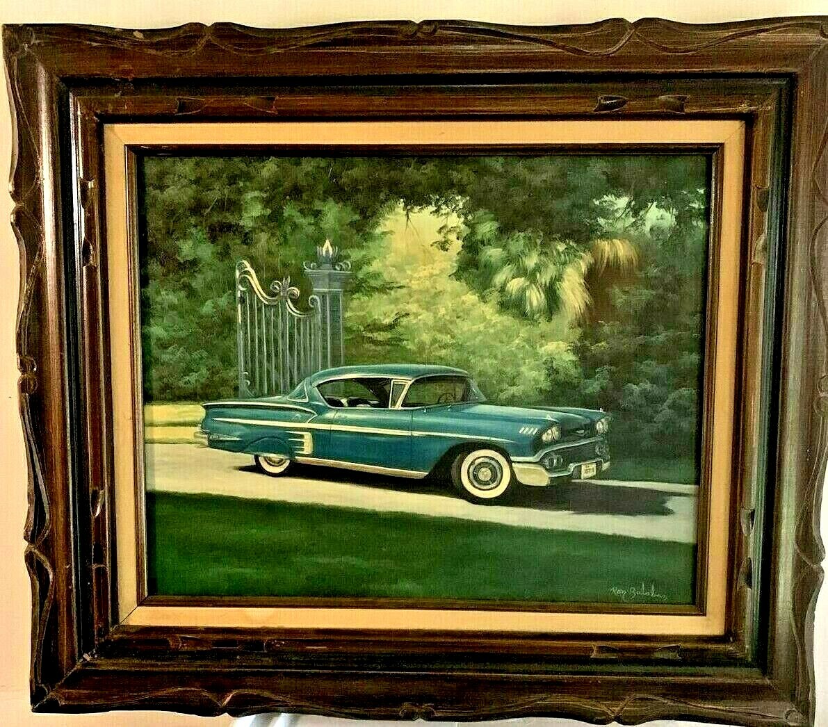SIGNED ORIGINAL OIL PAINTING 1958 Chevrolet Impala Fathom Blue By Ron Balaban