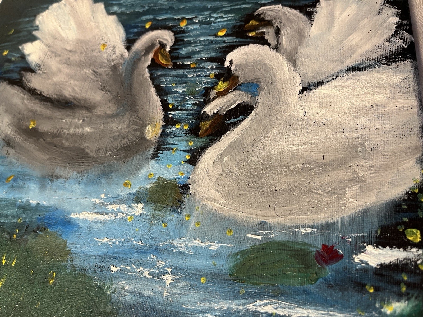 Original Impressionist Swans on Water Oil Painting on Canvas