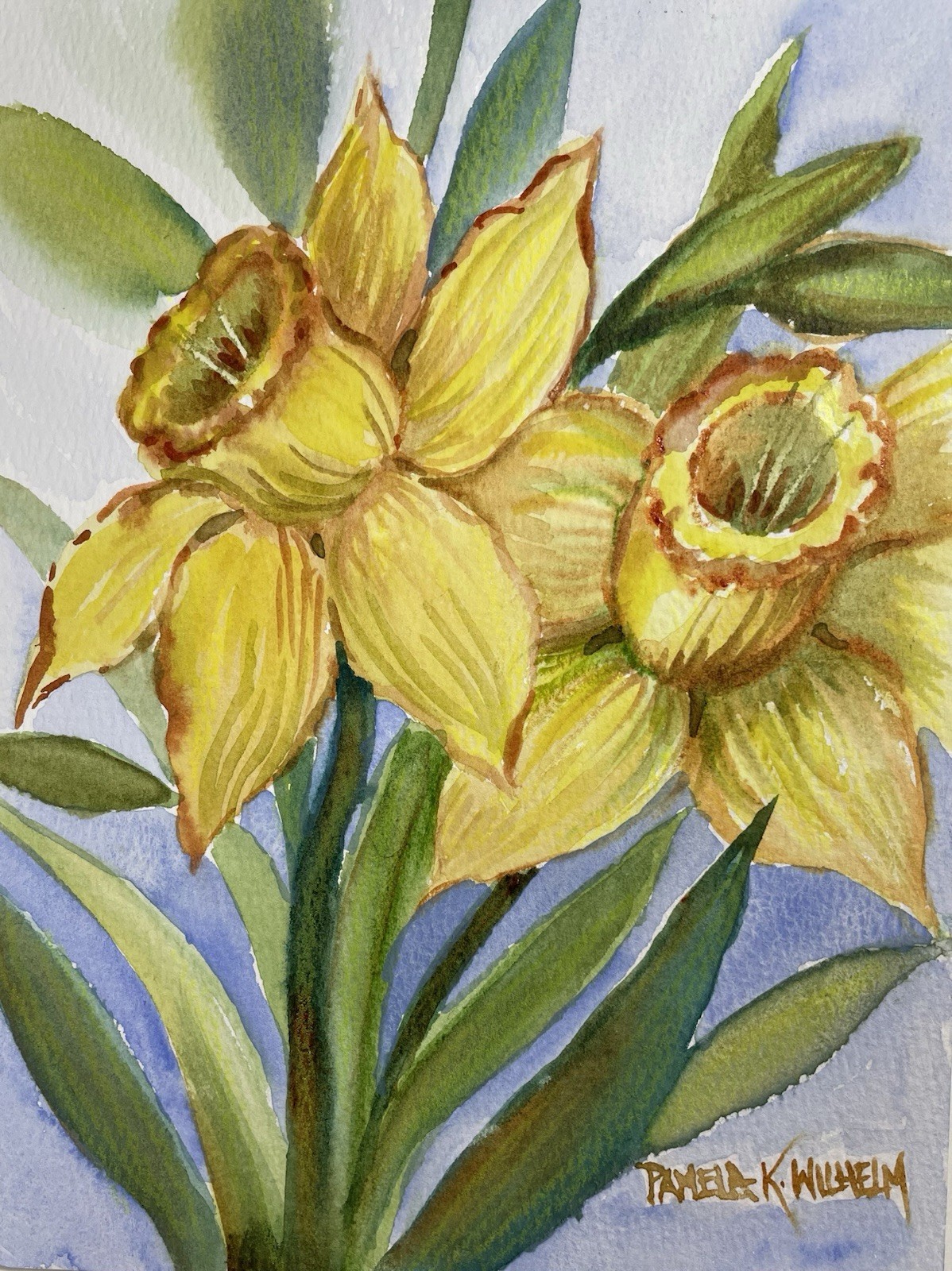 6”x8” Pamela Wilhelm Original Whimsical Watercolor Daffodils Floral OOAK