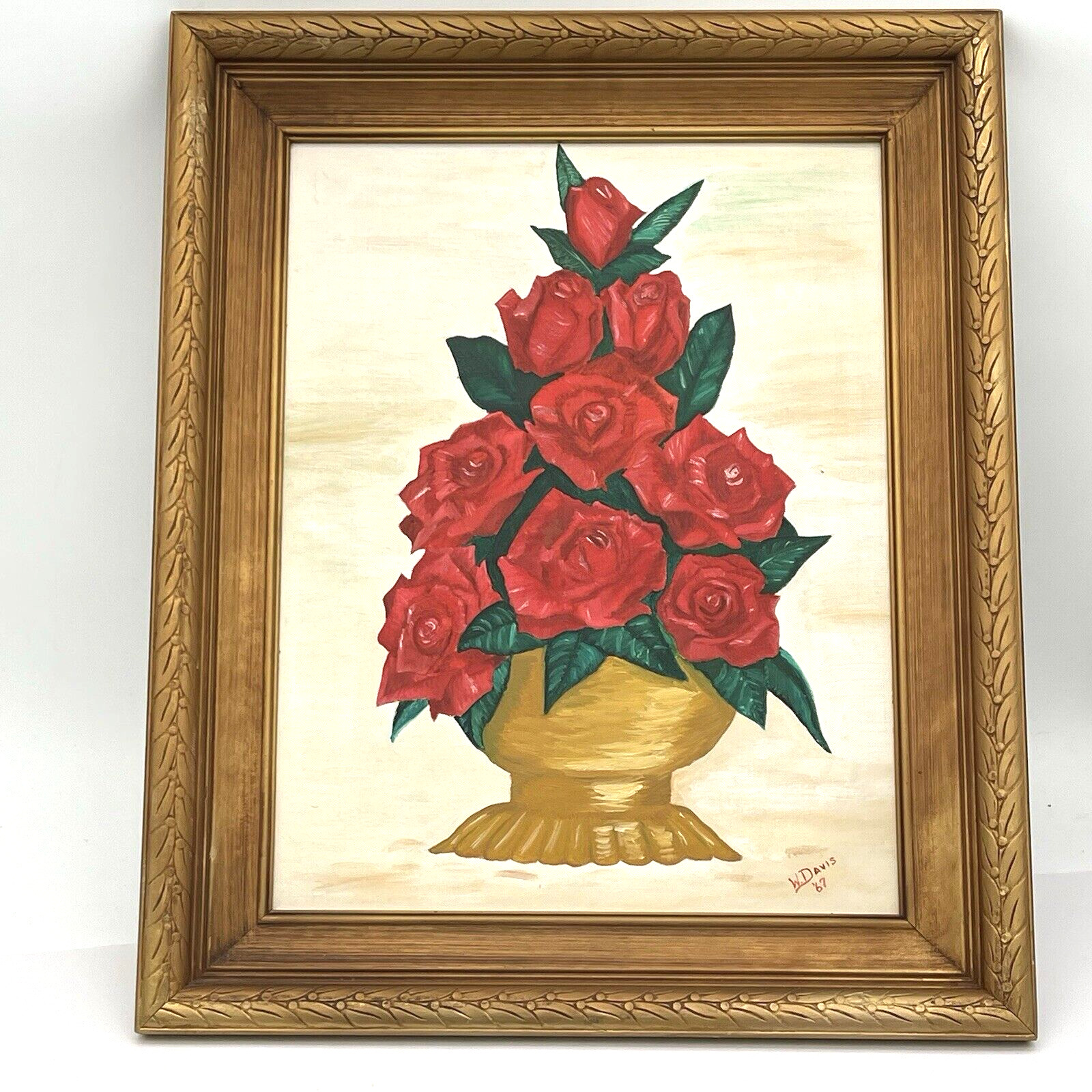 Vtg Gold Framed Original Oil Board Still Life Roses Vase Florals Topiary Signed