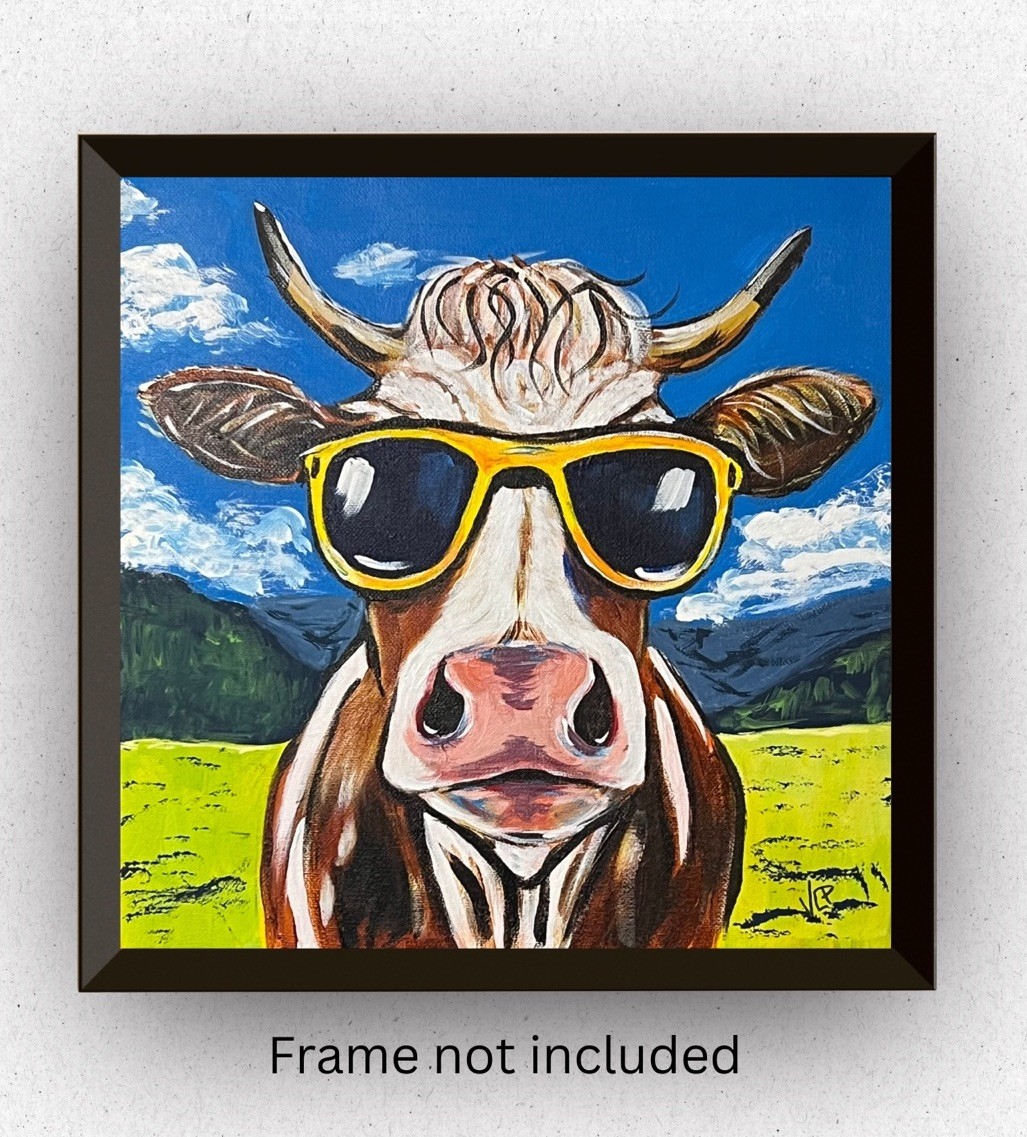 Whimsical Cow In Sunglasses Expressionist Art Acrylic 12×12” Canvas VLP Original