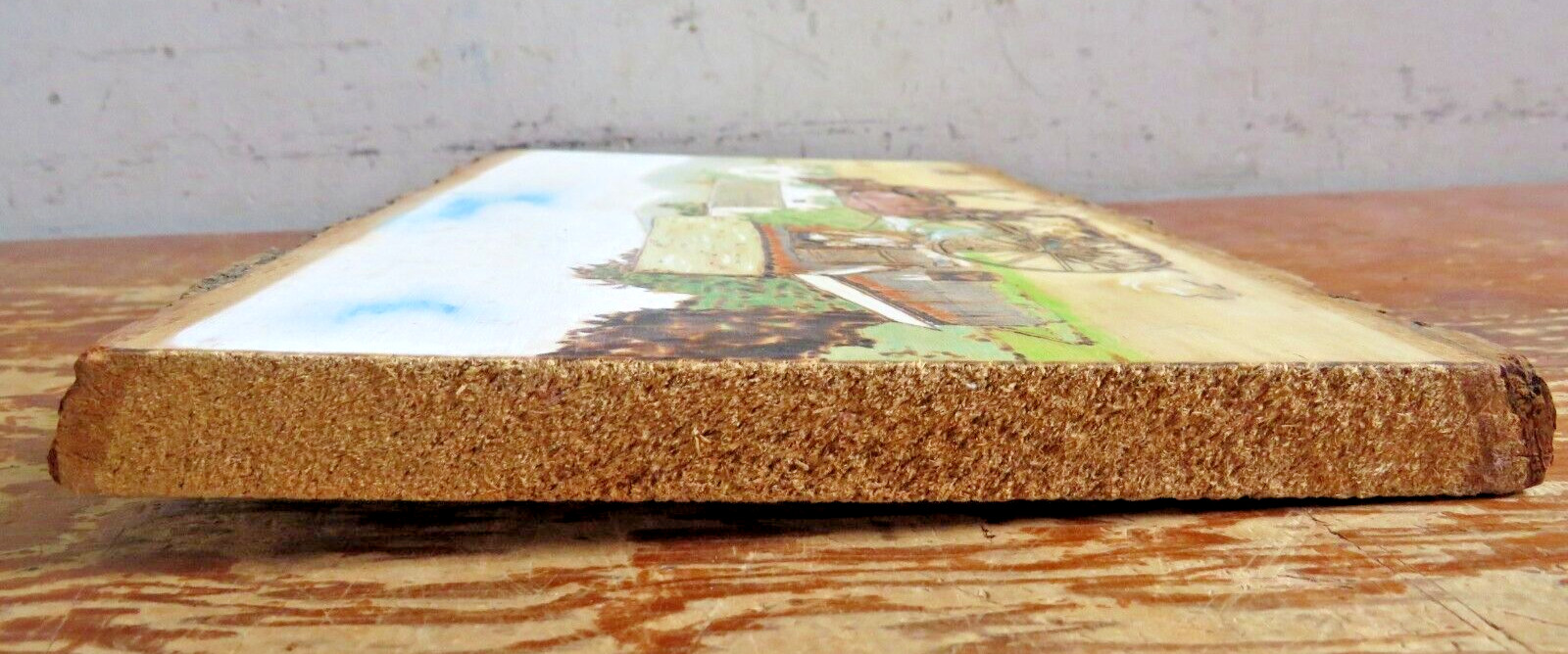 vtg Original Wood Burning painting Art Piece – Farmstead w/ Horse Buggie