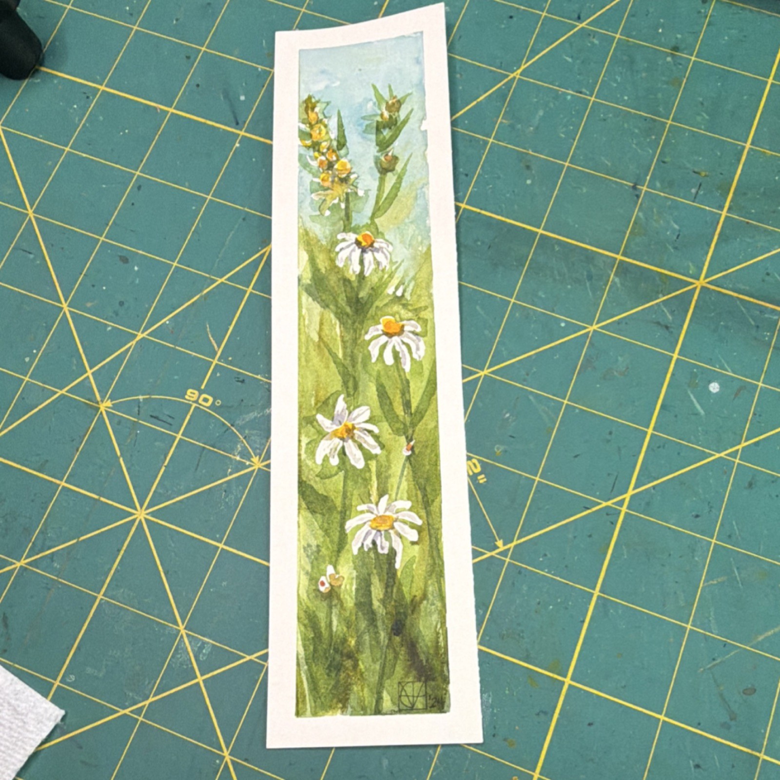 M. Hackney Original Watercolor Daisy Flower Painting Bookmark 2×9 Signed OOAK
