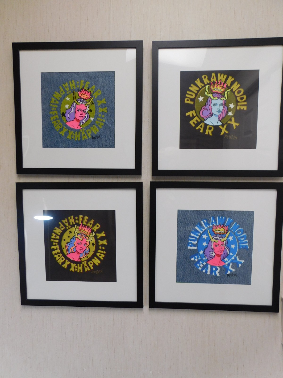 Set of 4 Satyrs on Hand Pulled Serigraphs on Denim original art in center signed