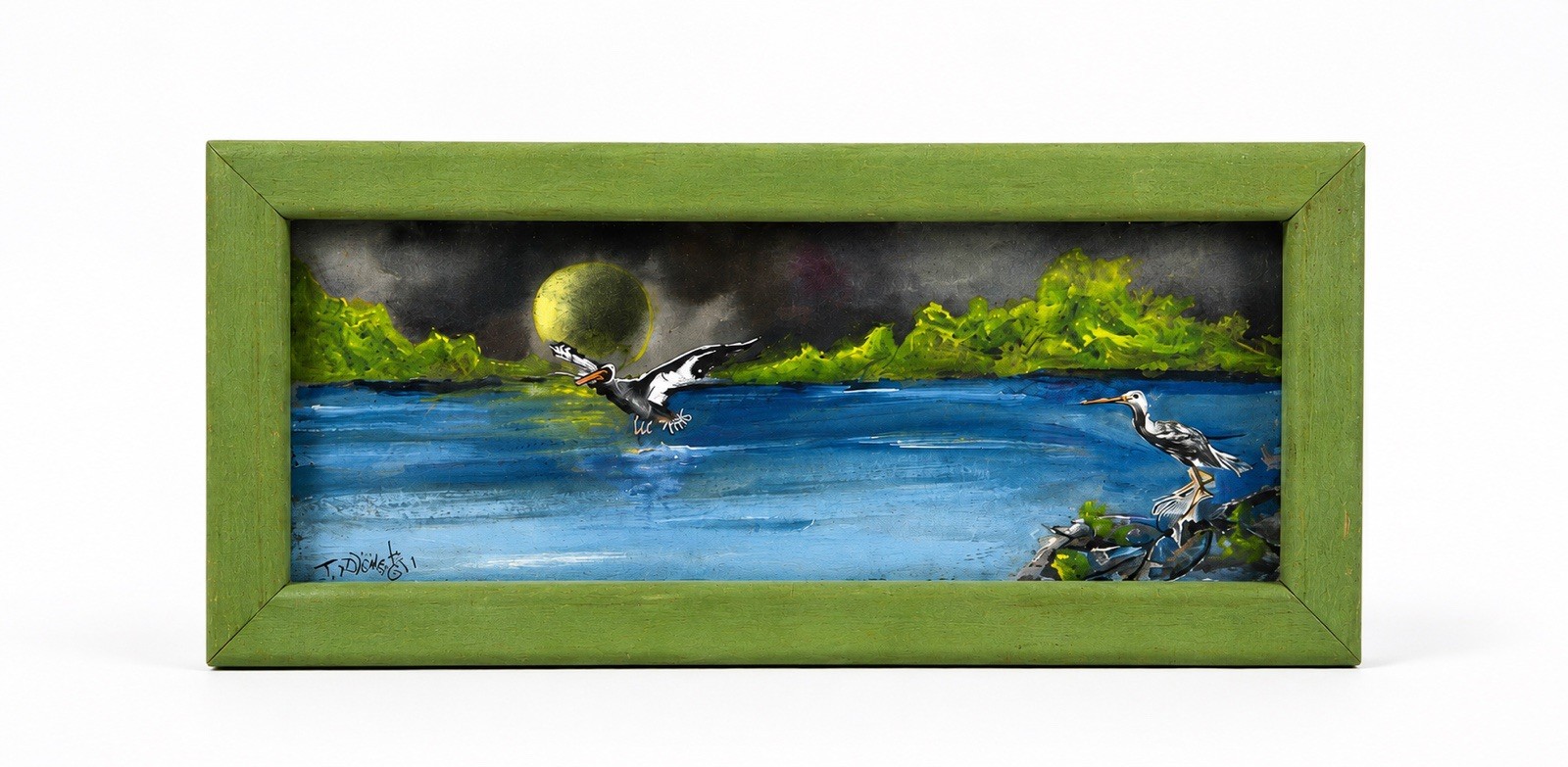 Signed Watercolor Coastal Bird Painting Framed Folk Art 2011 Heron Scene 11×5