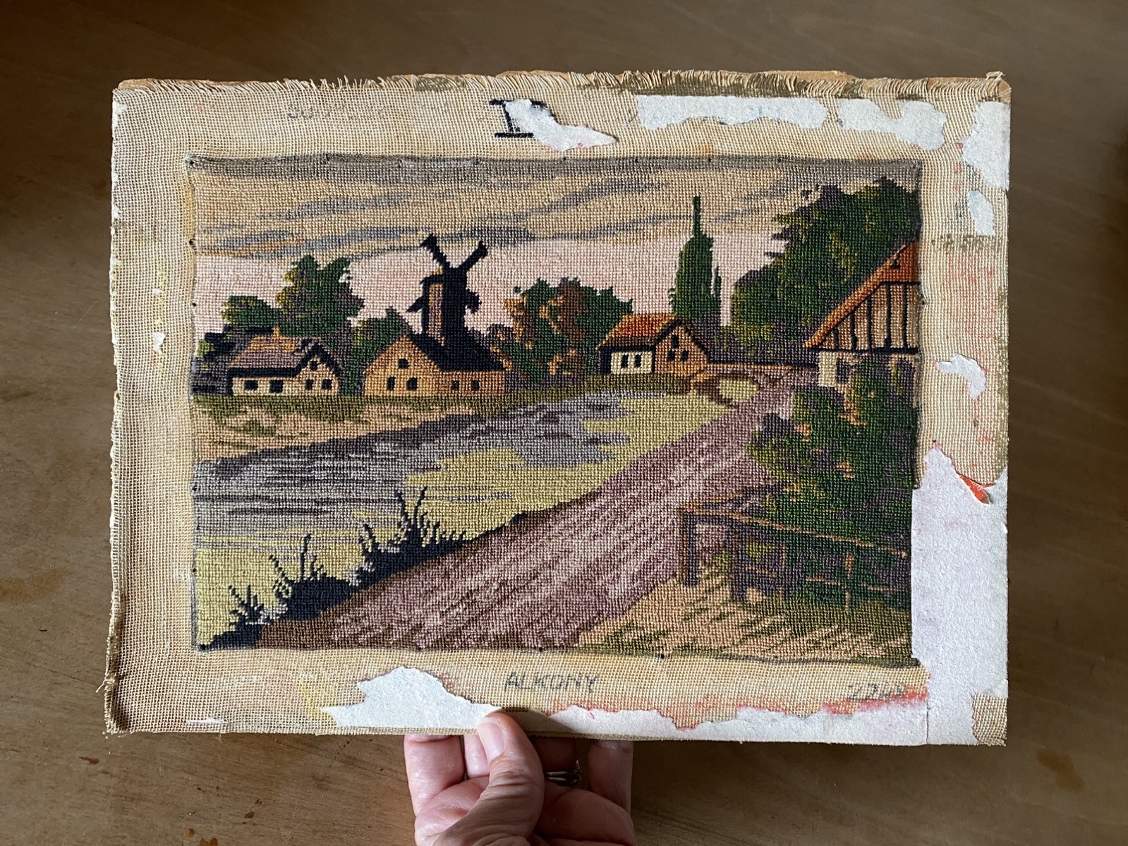 Primitive Pastoral Needlepoint Folk Art Windmill Landscape Antique