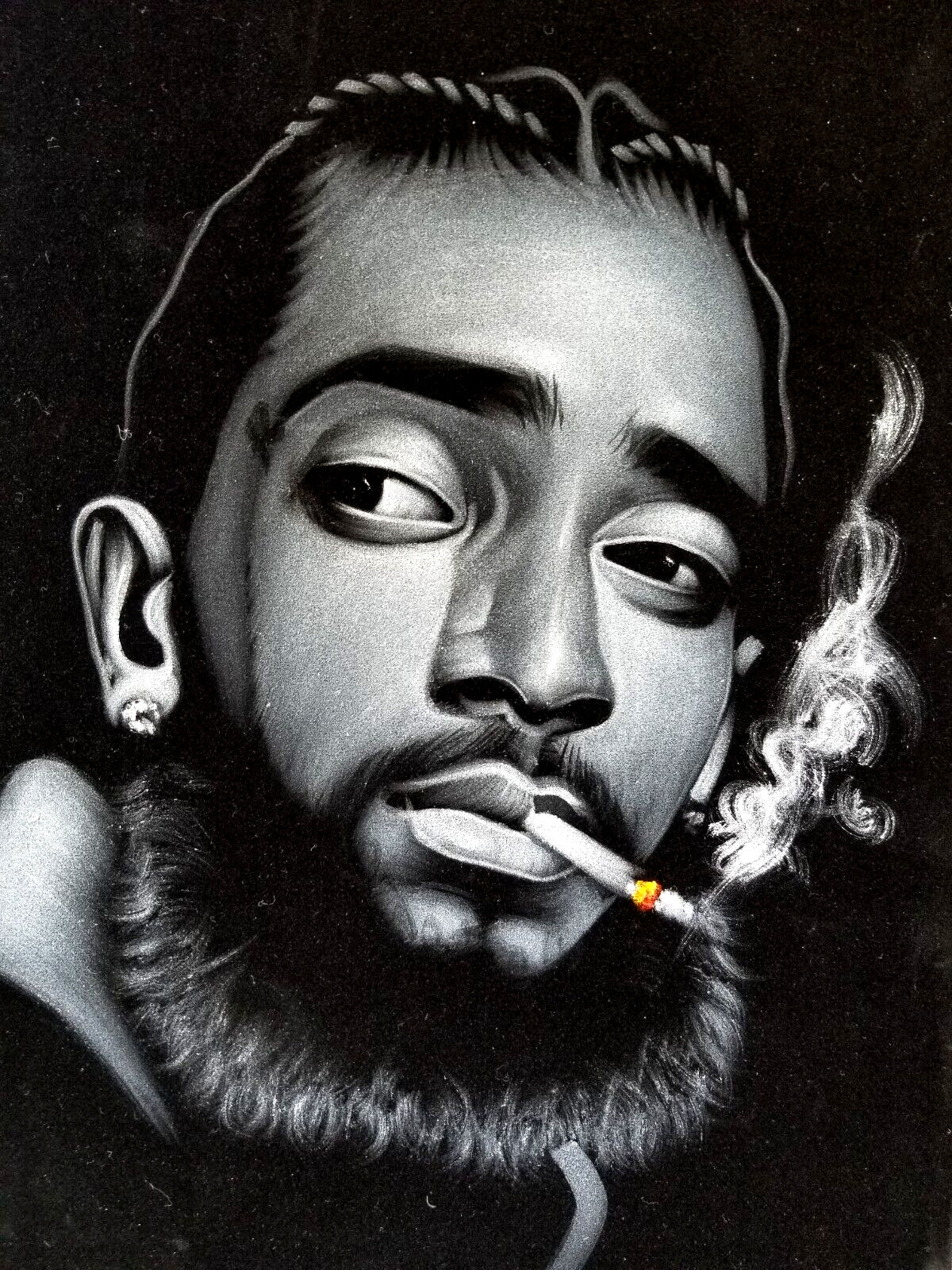 Nipsey Hussle, size 16″x11″, oil on black velvet