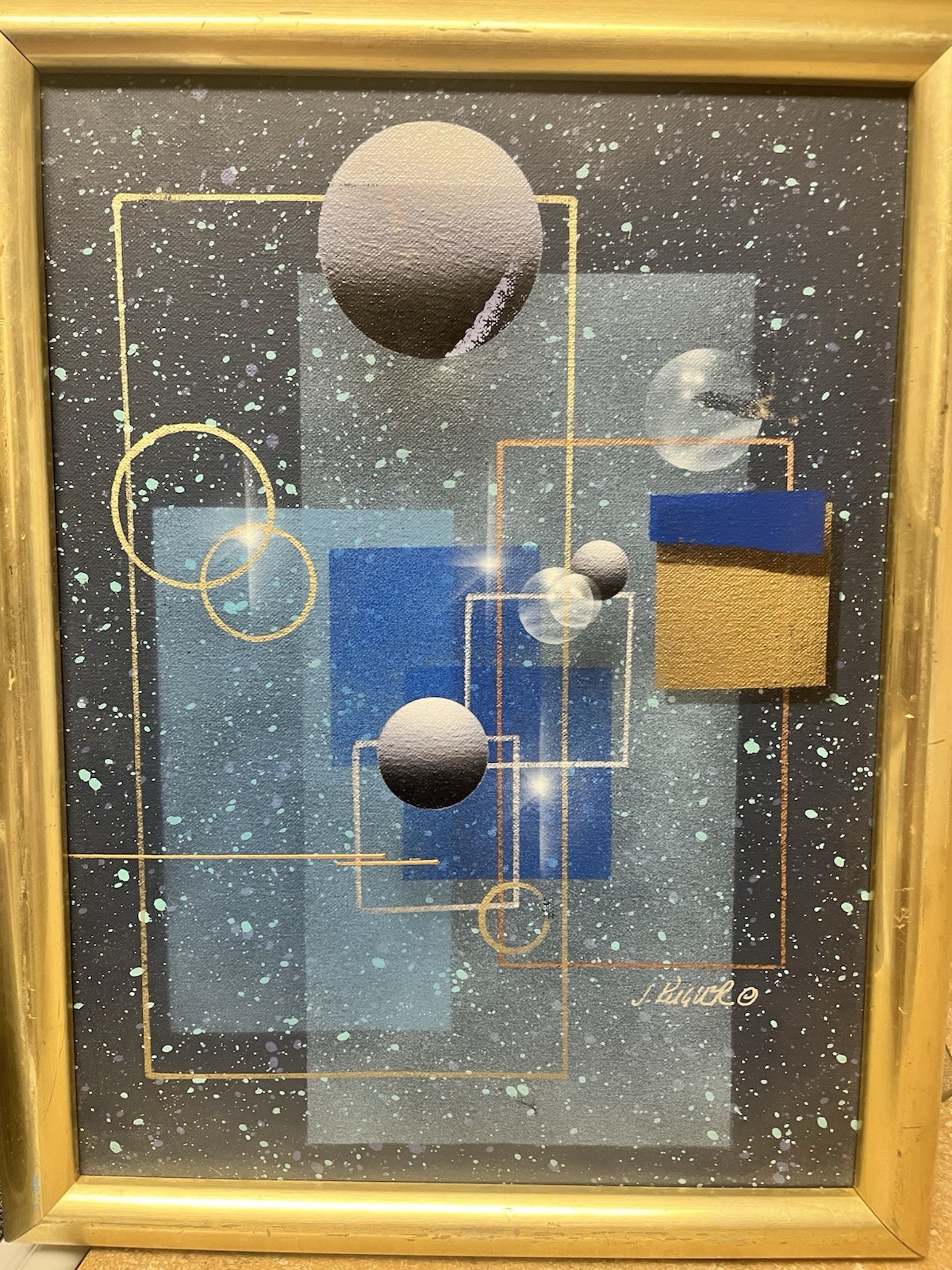 Hilmar Abstract Modern Outer Space Planets Painting Signed Framed Small