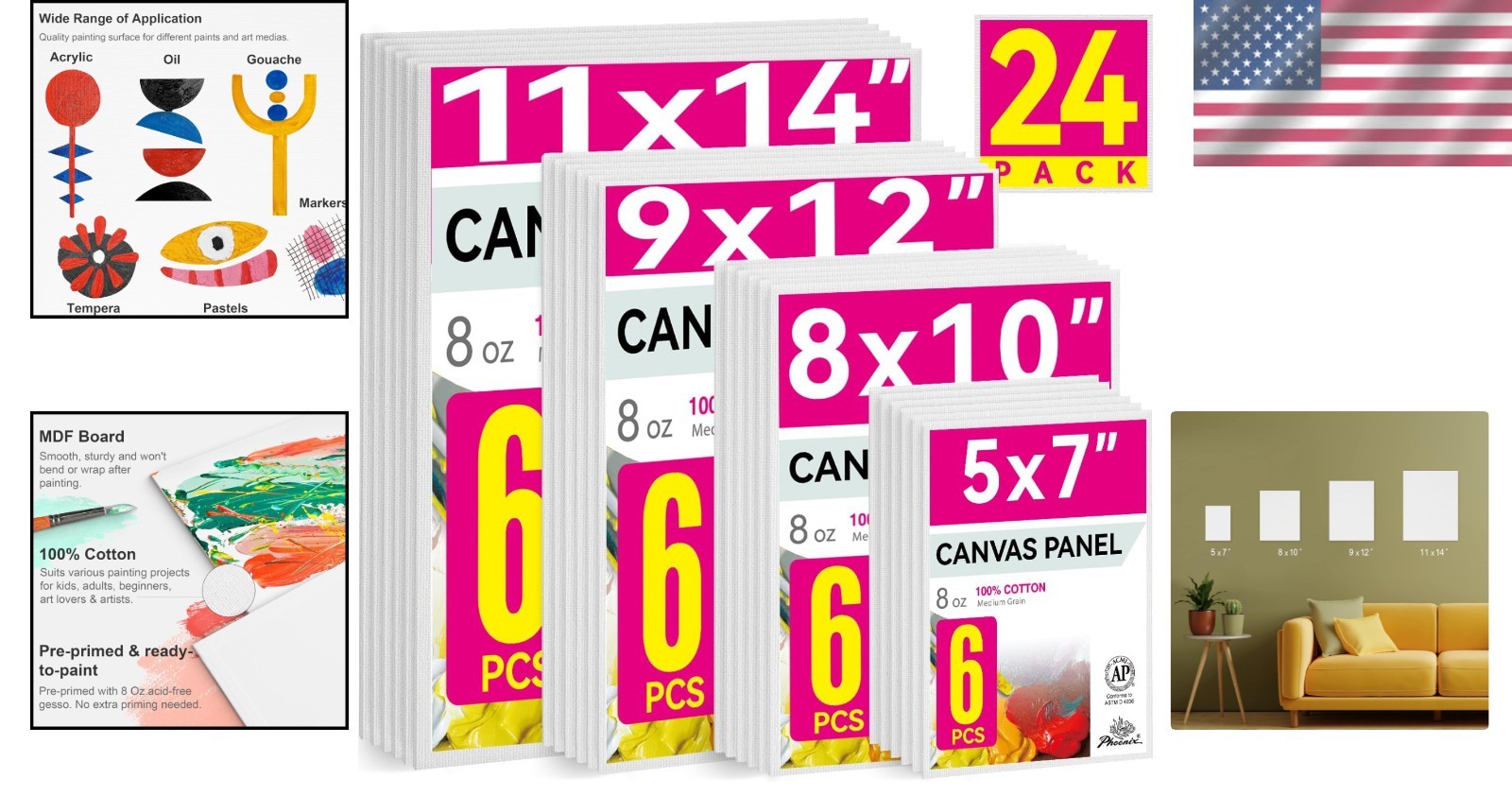 Artist-Quality 24 Canvas Panels – 100% Cotton, Multiple Sizes for Creativity