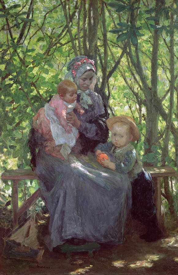Oil painting nice young mother with her children in summer garden landscape 36″
