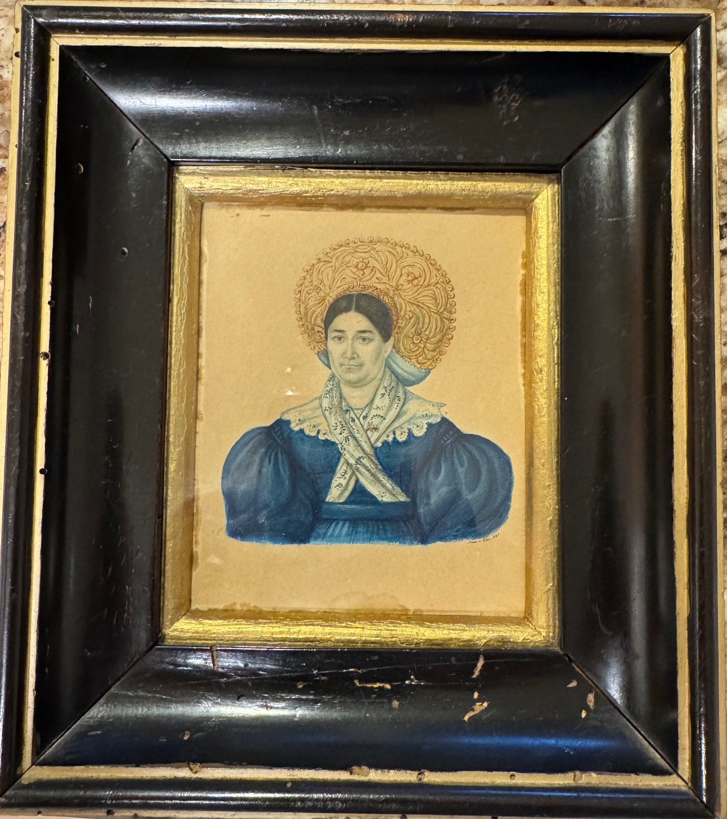 Early 19th Century (1835) Folk Art Watercolor Portrait of a Woman