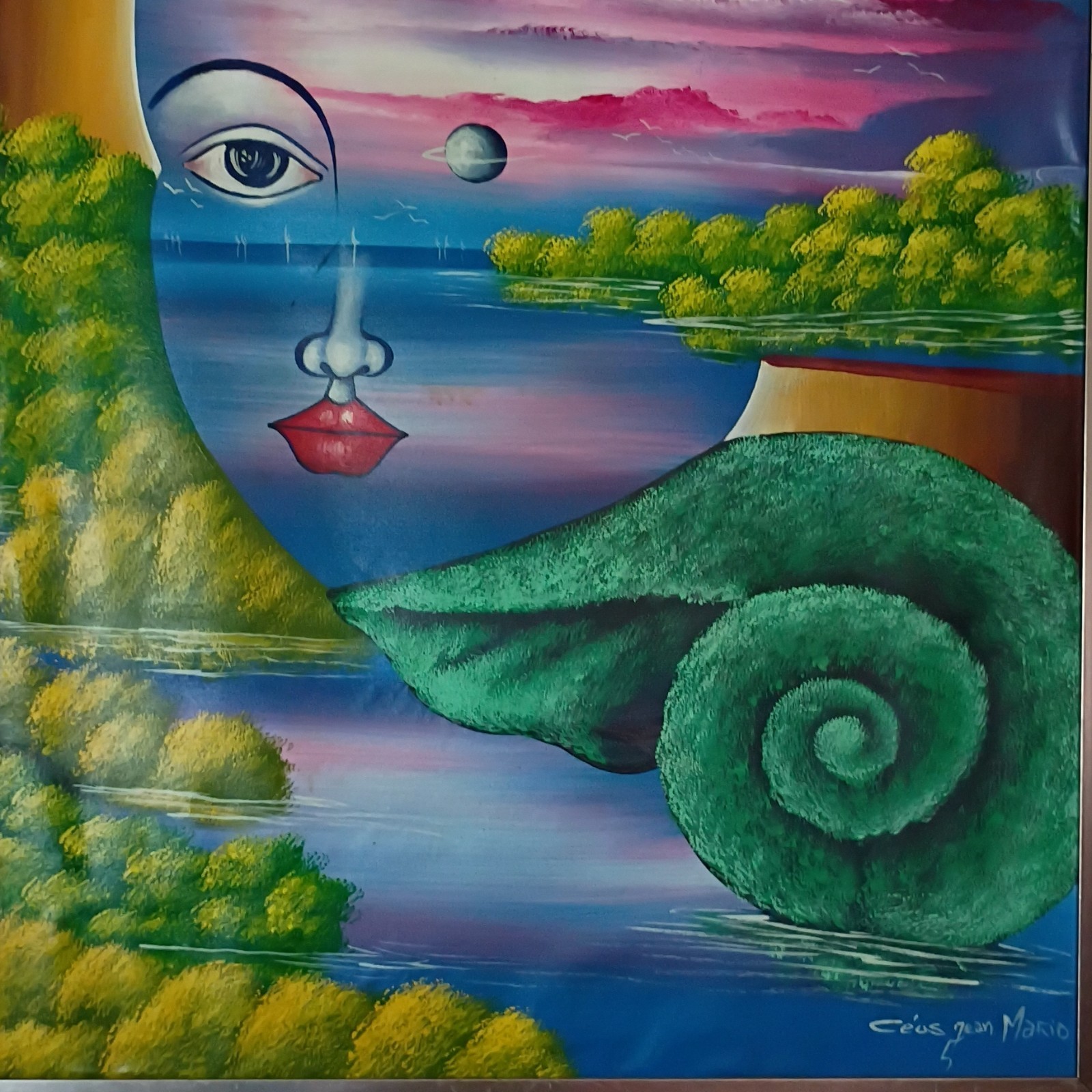 Céus Jean Mario Signed Large Surreal Portrait Landscape Canvas Painting Framed