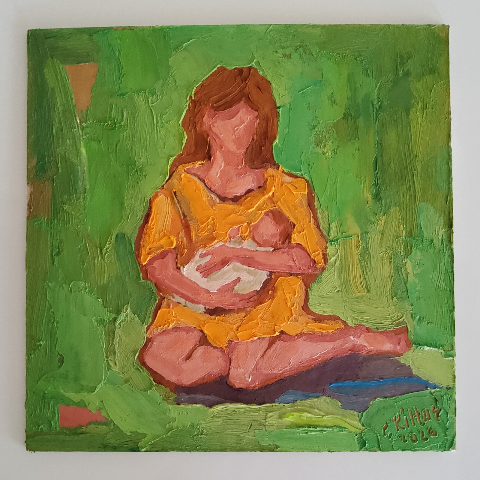 Mother with Baby Painting Original Oil Art Multicolor Modern Wall Small Painting