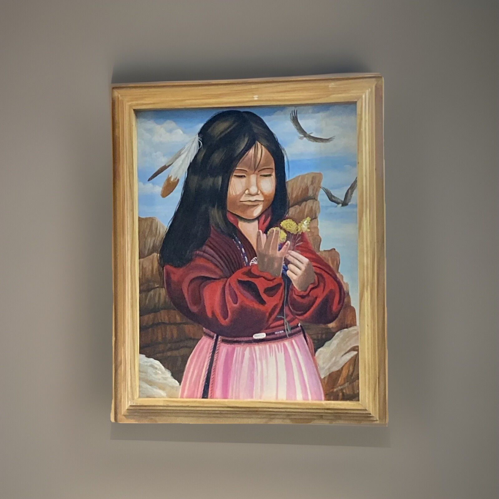 Vintage Original Native American Girl Oil Painting On Board Signed And Framed