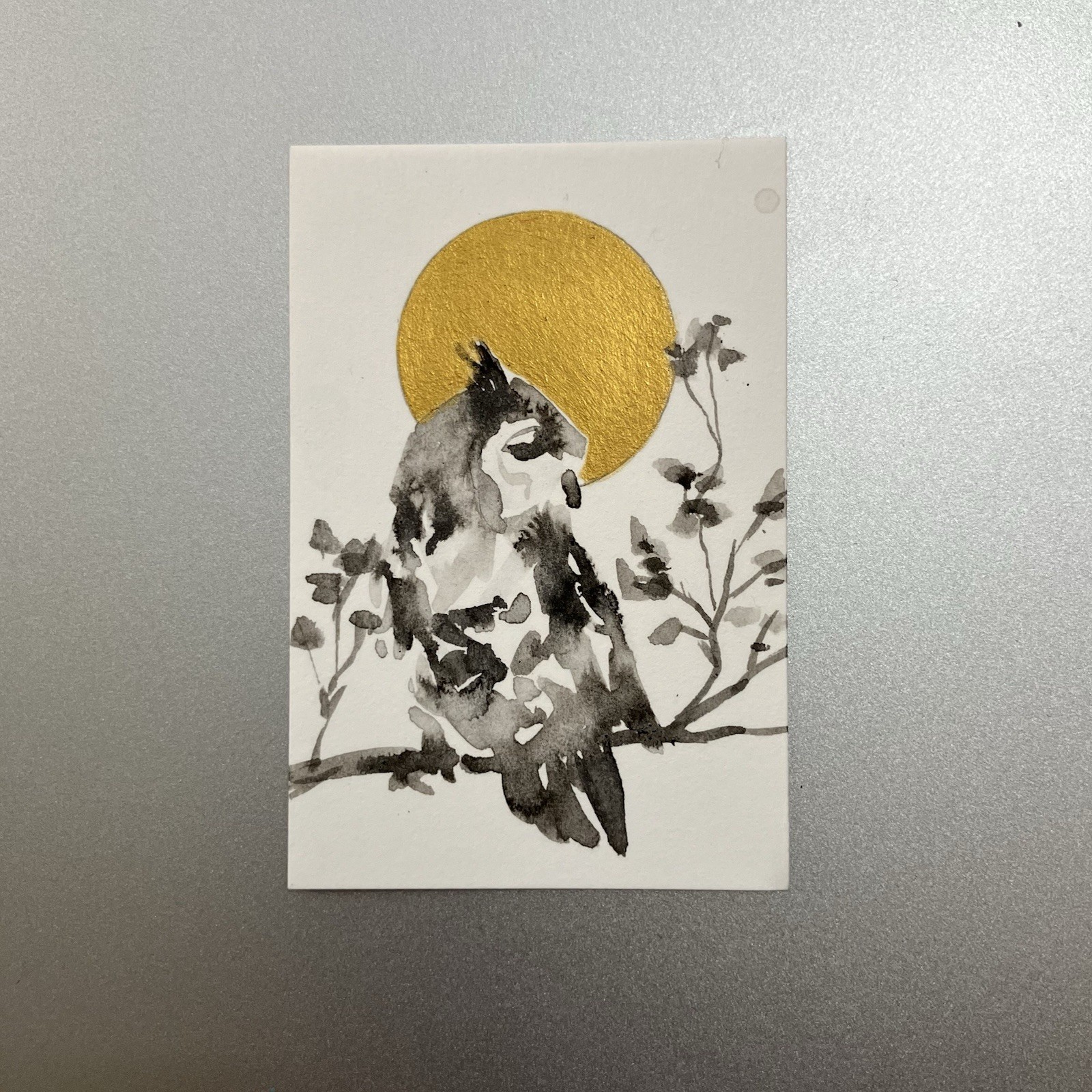 Original Owl In Sunset Painting realism Miniature Bird Art Sumi-e Ink Gold USA
