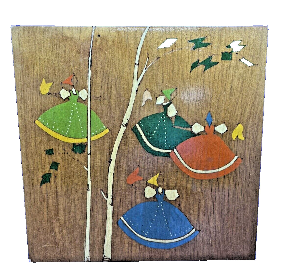 Folk Art Dancers Wooden Panel Wood Burned Hand Painted Wall Art Hanging 9.9″ VTG