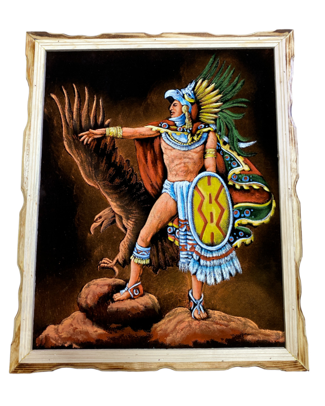 AZTECA VELVET PAINTING,HAND PAINTED, AZTEC WARRIOR , AZTEC PAINTING ,18″X 22″