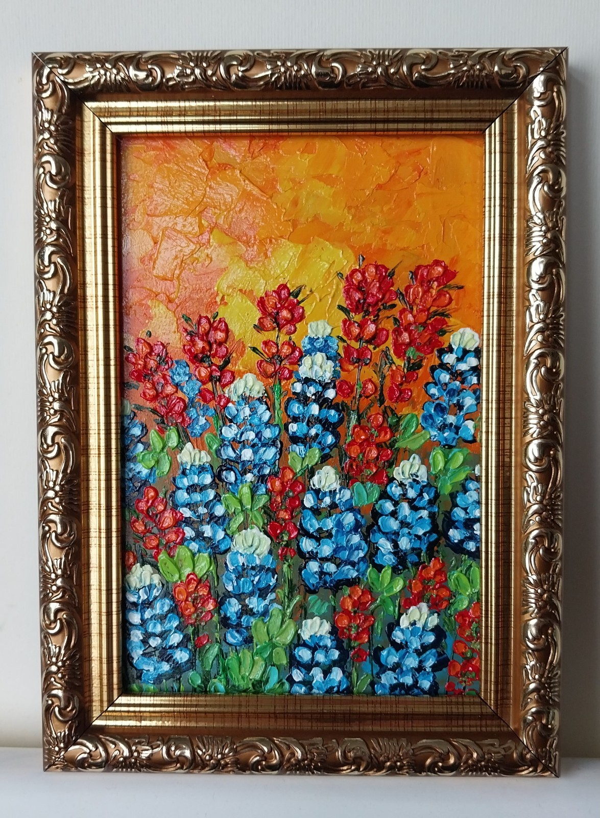 Framed Texas Bluebonnets Indian Brushes Art 4×6″ Impasto Oil Painting Original