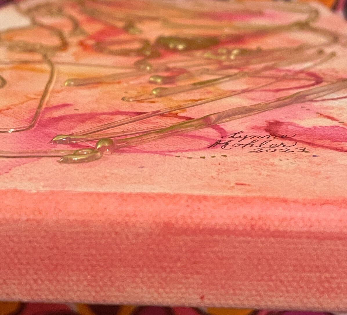 Original painting 8×16″ Abstract textured red Gold Canvas by Lynne Kohler