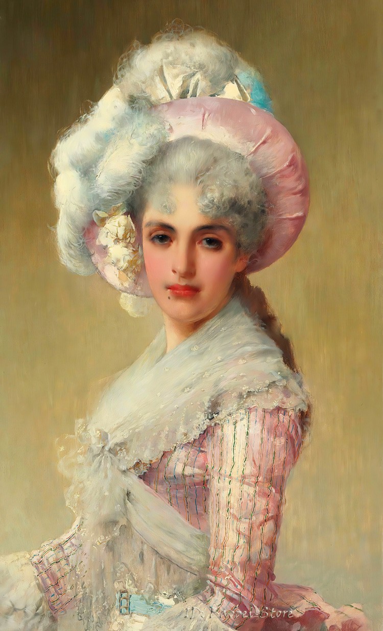 An Elegant Lady in a Pink Hat and Dress Oil Painting Printed on canvas L3915