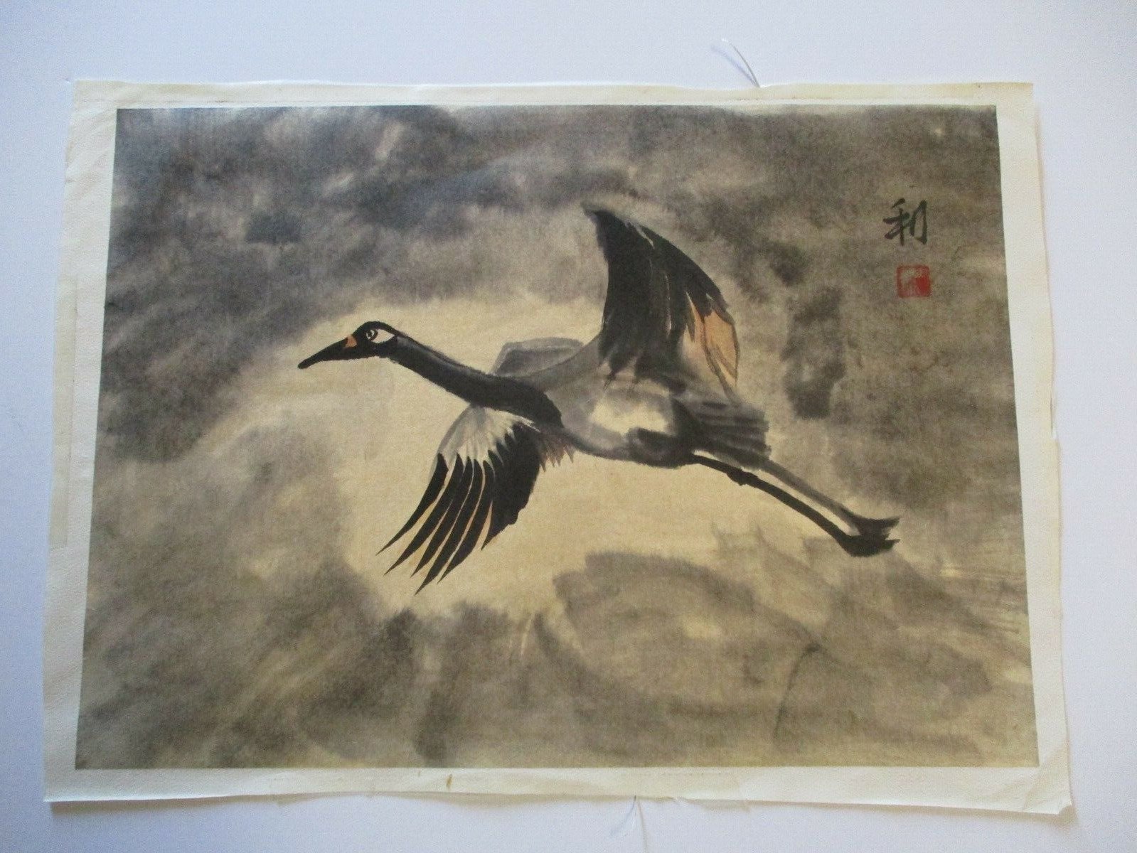 VINTAGE SCROLL PAINTING CHINESE FLYING BIRD SIGNED WITH CHOP MARK SCHOLAR