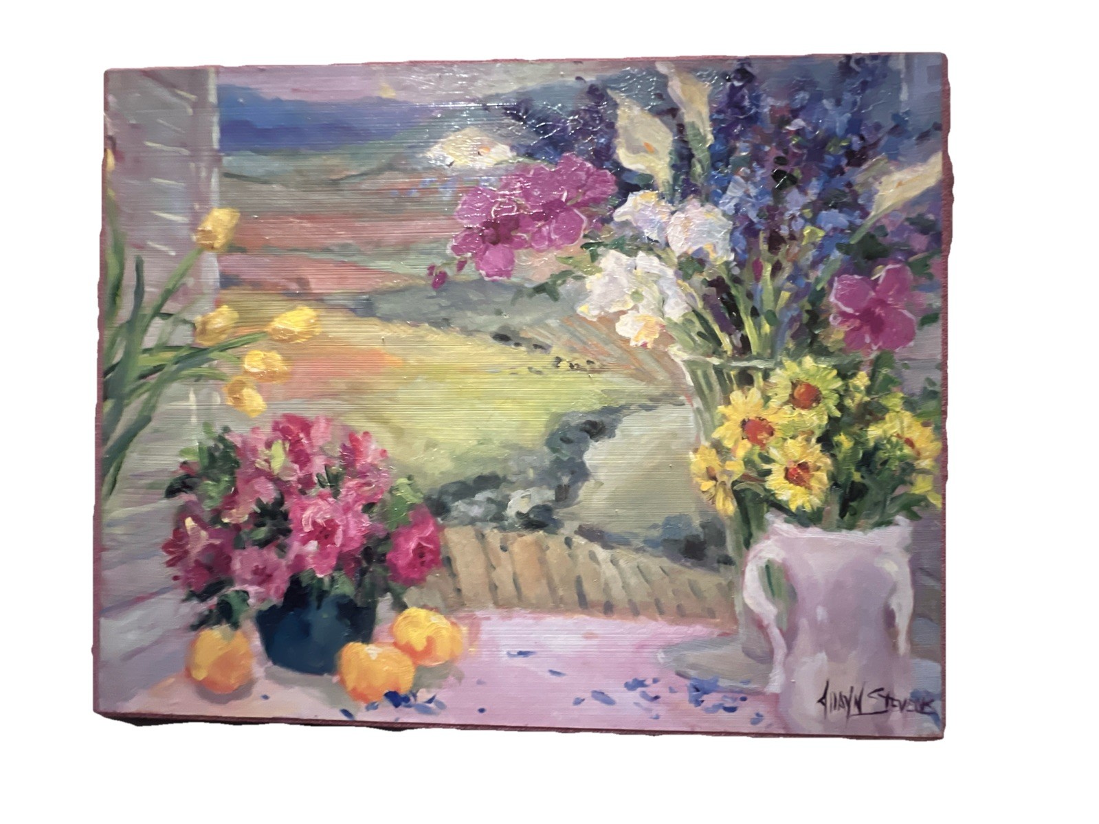 Pink floral still life painting Paper On Canvas Wood Frame 14”x11” Ready To Hang