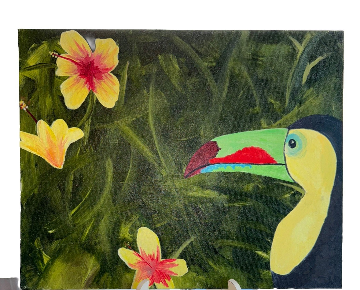 Colorful Toucan Bird Original acrylic art:16 x 20 Canvas; jungle tropical decor