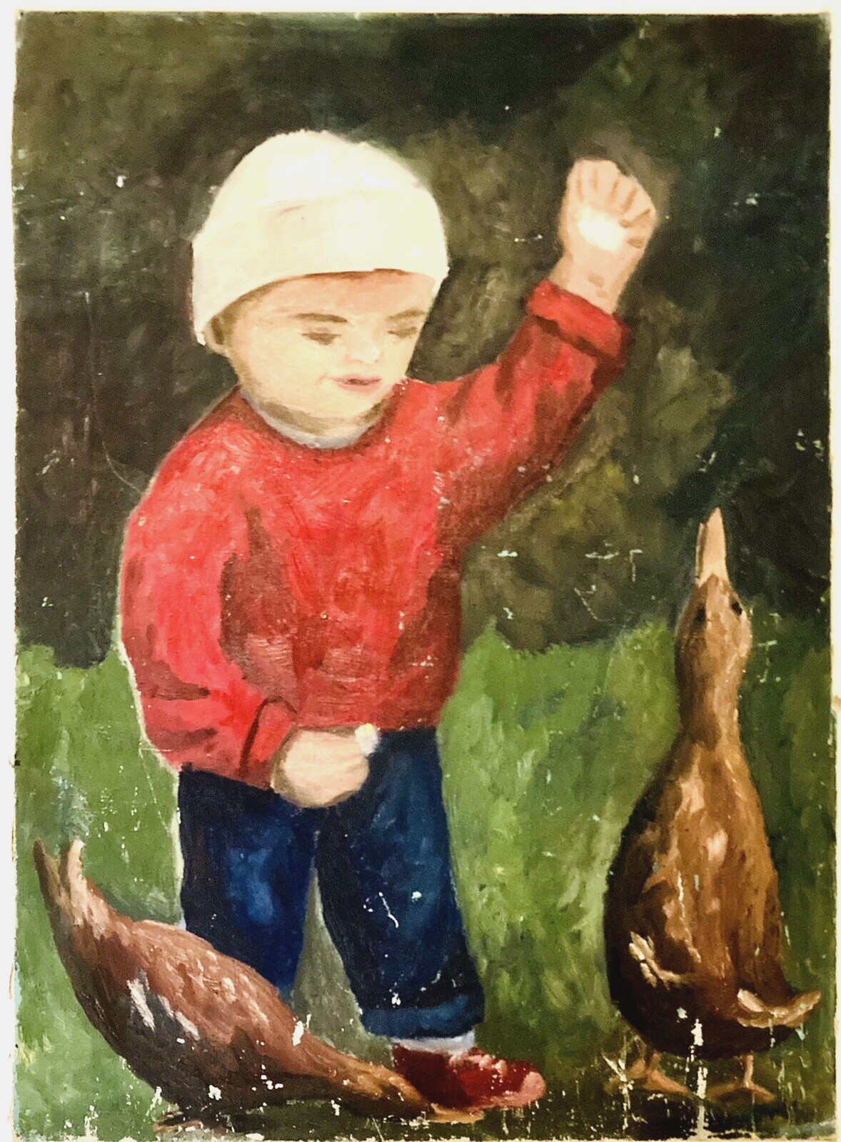 Little Boy Feeding Ducks 24×18″ Cairns Art Cute Kids Birds Beanie Children MCM