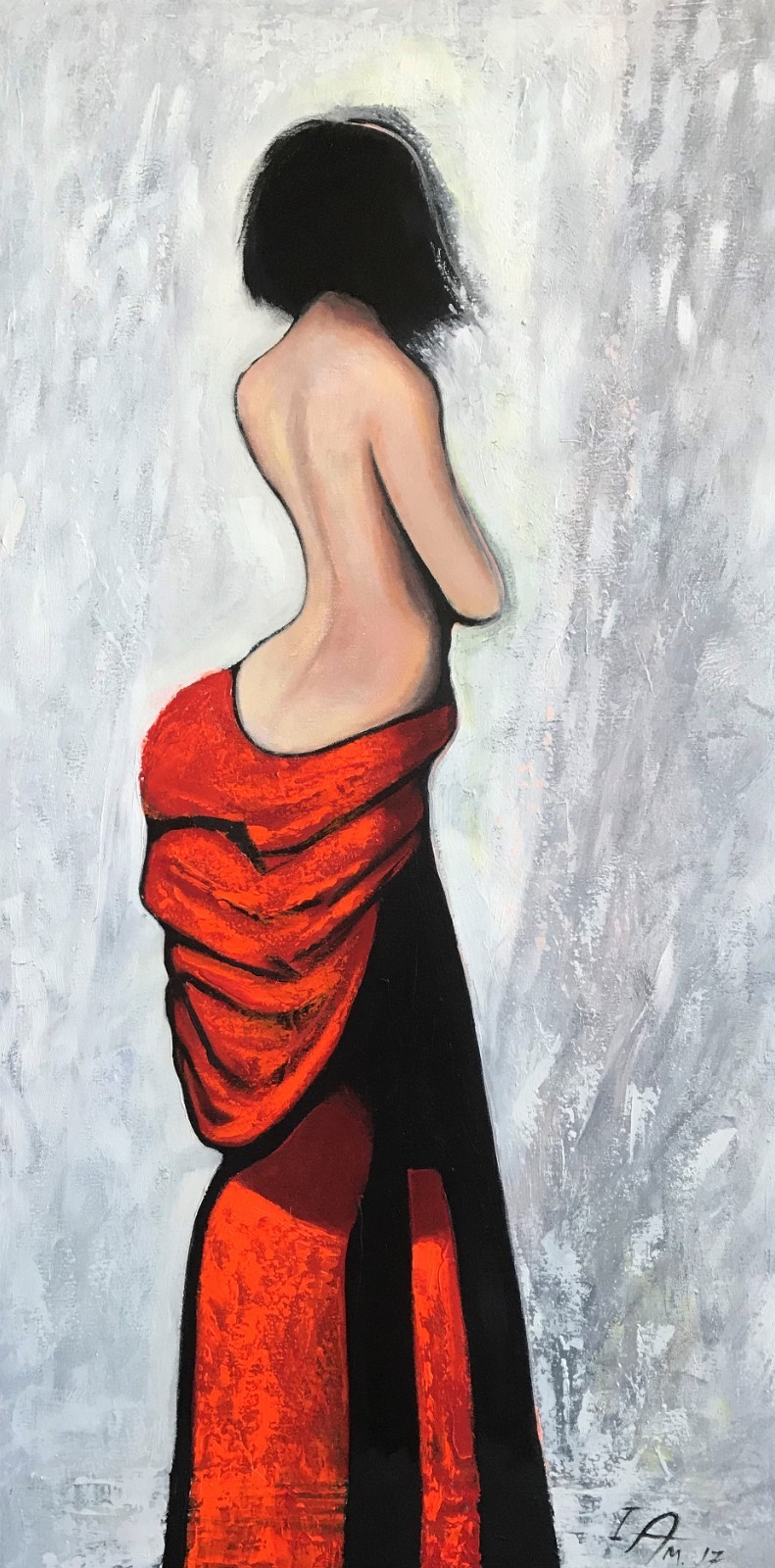 Red Dress Model Side Figurative Acrylic on Canvas Painting 24″x48″